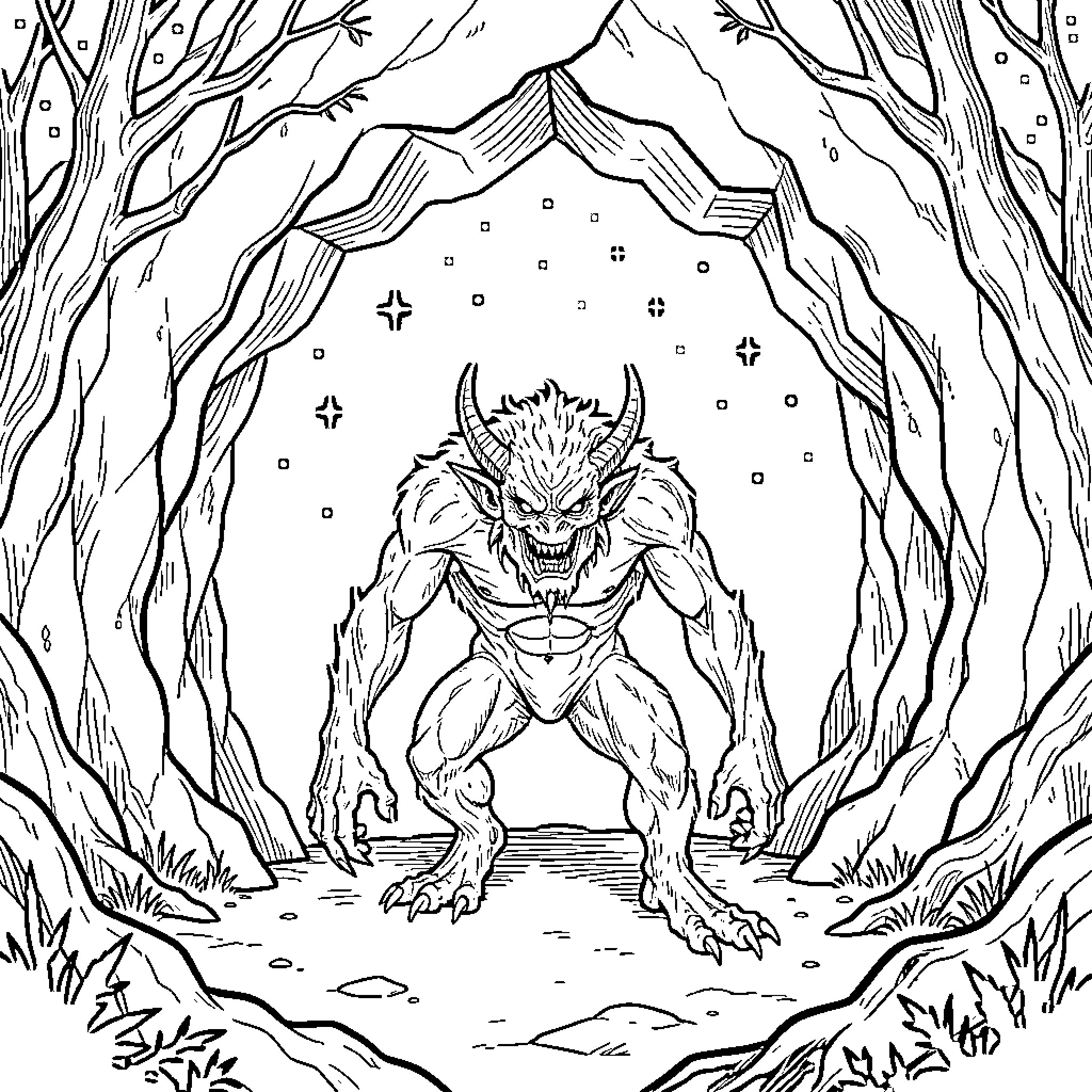 Monster standing menacingly inside a dark cave Coloring Page (free black-and-white line drawing printable PDF for all, from beginners to advanced learners, including children, teens, adults, and seniors)