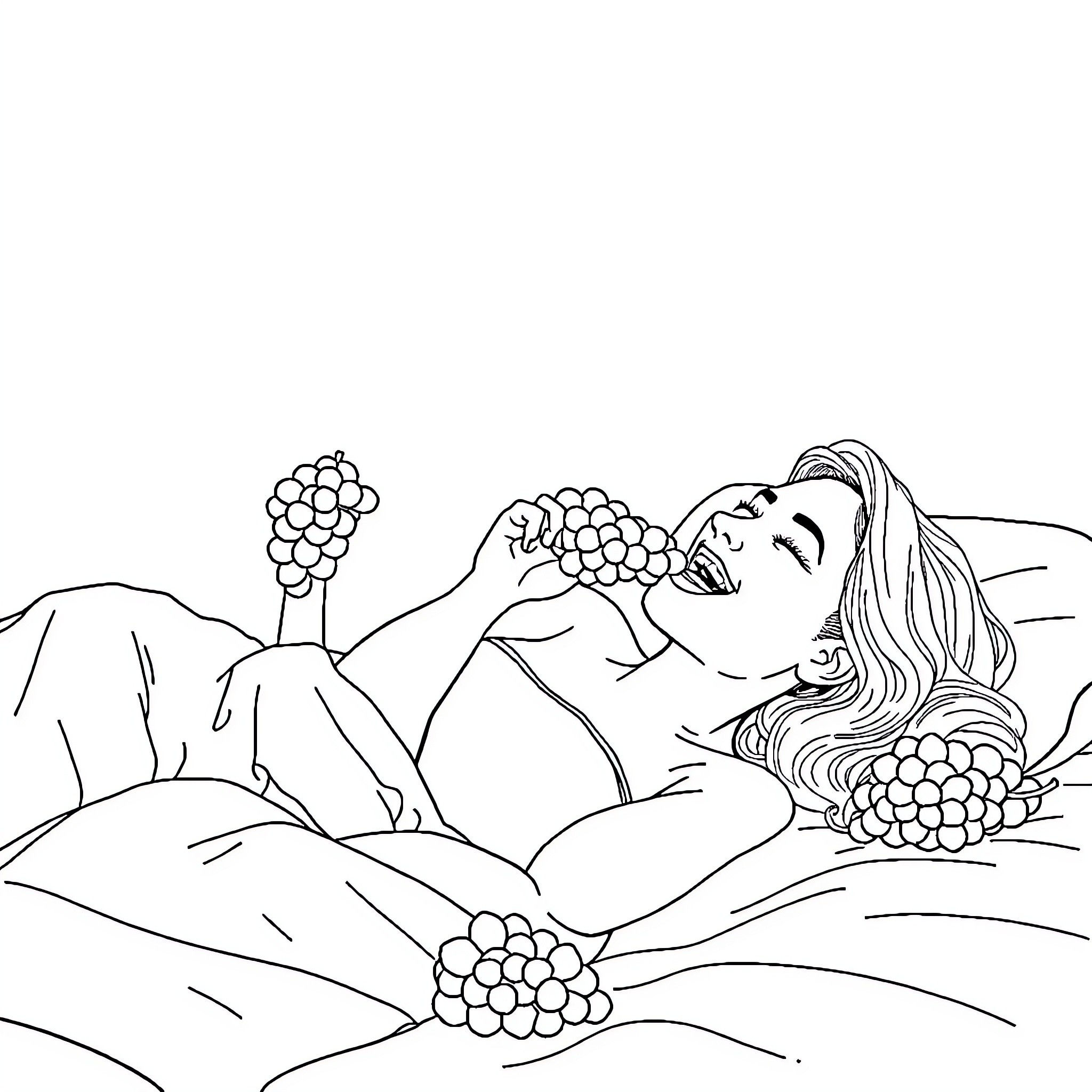Woman reclining in nature with grape clusters Coloring Page (free black-and-white line drawing printable PDF for all, from beginners to advanced learners, including children, teens, adults, and seniors)