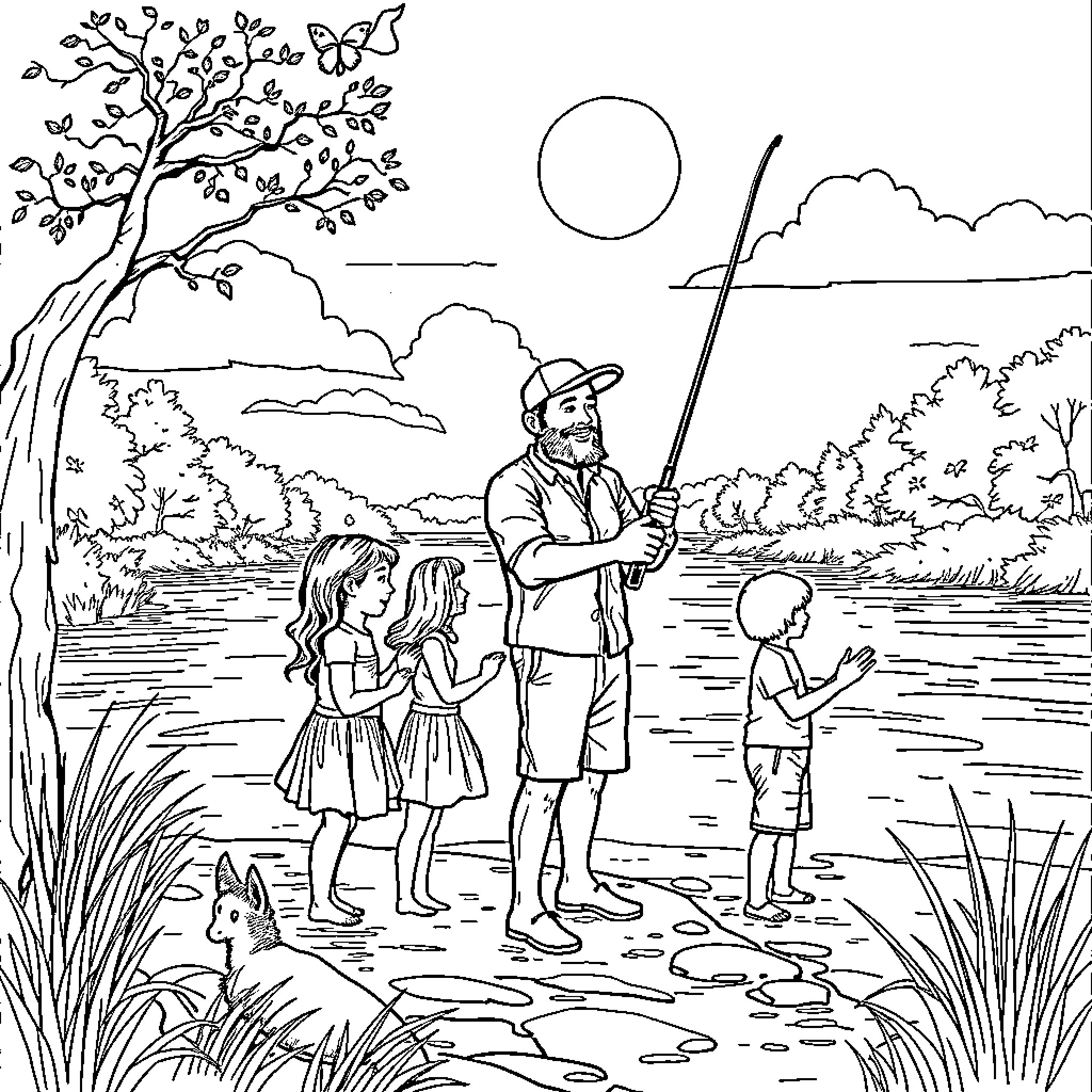 Dad enjoying fishing with his kids in nature Coloring Page (free black-and-white line drawing printable PDF for all, from beginners to advanced learners, including children, teens, adults, and seniors)