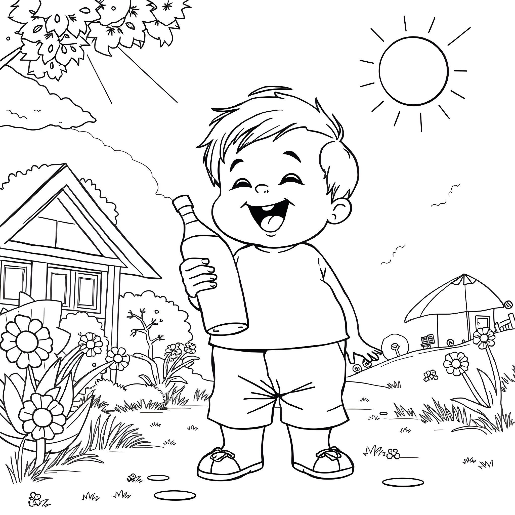Child Playing Happily in a Sunny Garden Scene Coloring Page (free black-and-white line drawing printable PDF for all, from beginners to advanced learners, including children, teens, adults, and seniors)