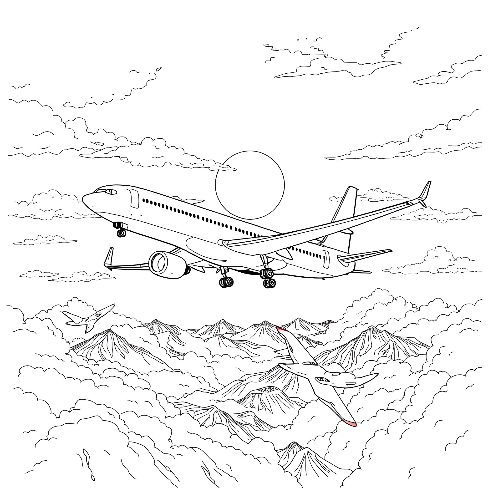 Airplane soaring over majestic mountain range Coloring Page (free black-and-white line drawing printable PDF for all, from beginners to advanced learners, including children, teens, adults, and seniors)