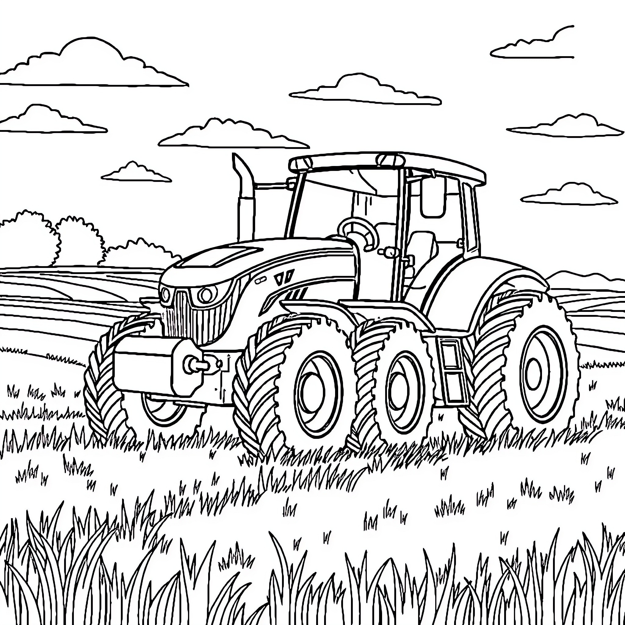Tractor working diligently in the countryside Coloring Page (free black-and-white line drawing printable PDF for all, from beginners to advanced learners, including children, teens, adults, and seniors)