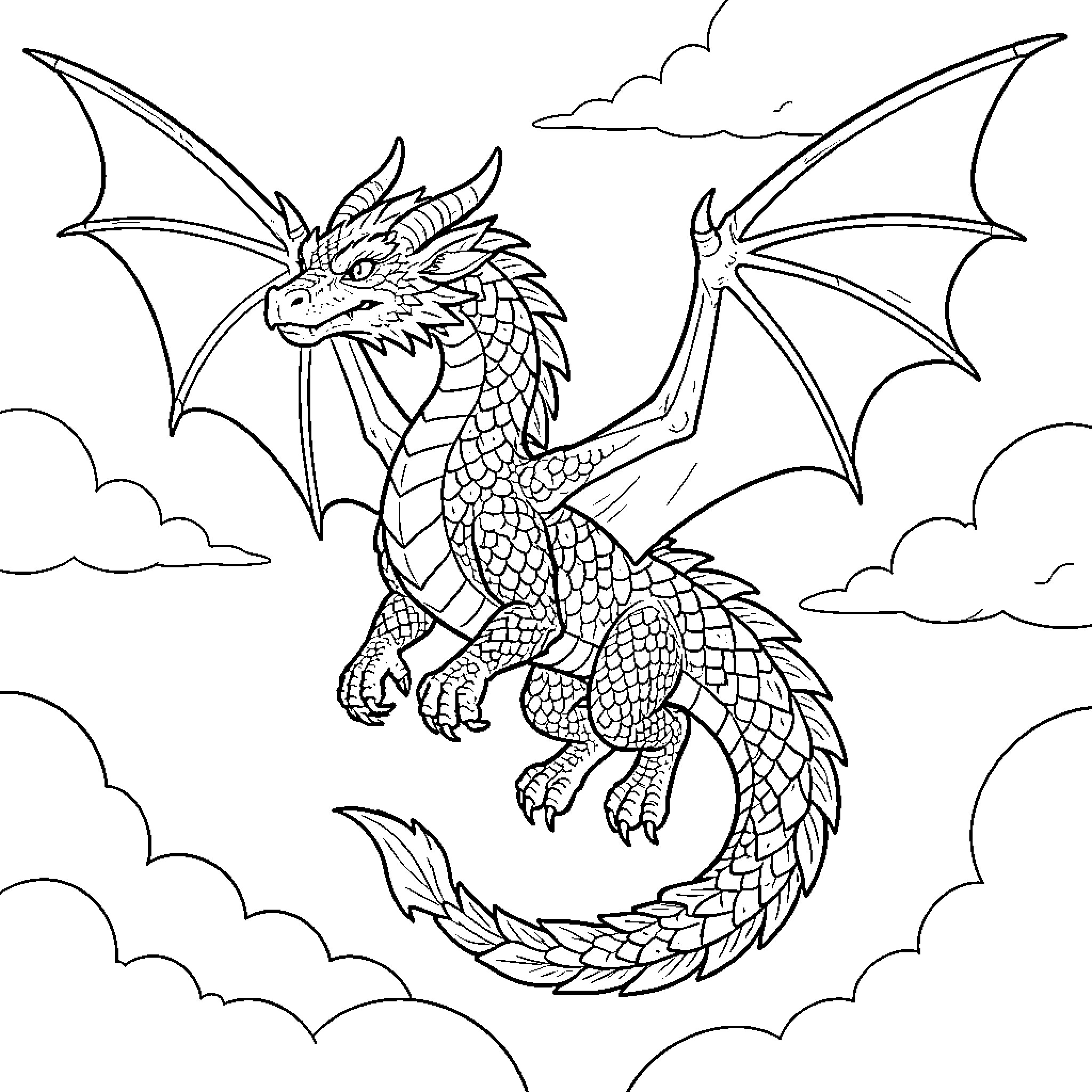 Dragon soaring through the cloudy skies Coloring Page (free black-and-white line drawing printable PDF for all, from beginners to advanced learners, including children, teens, adults, and seniors)