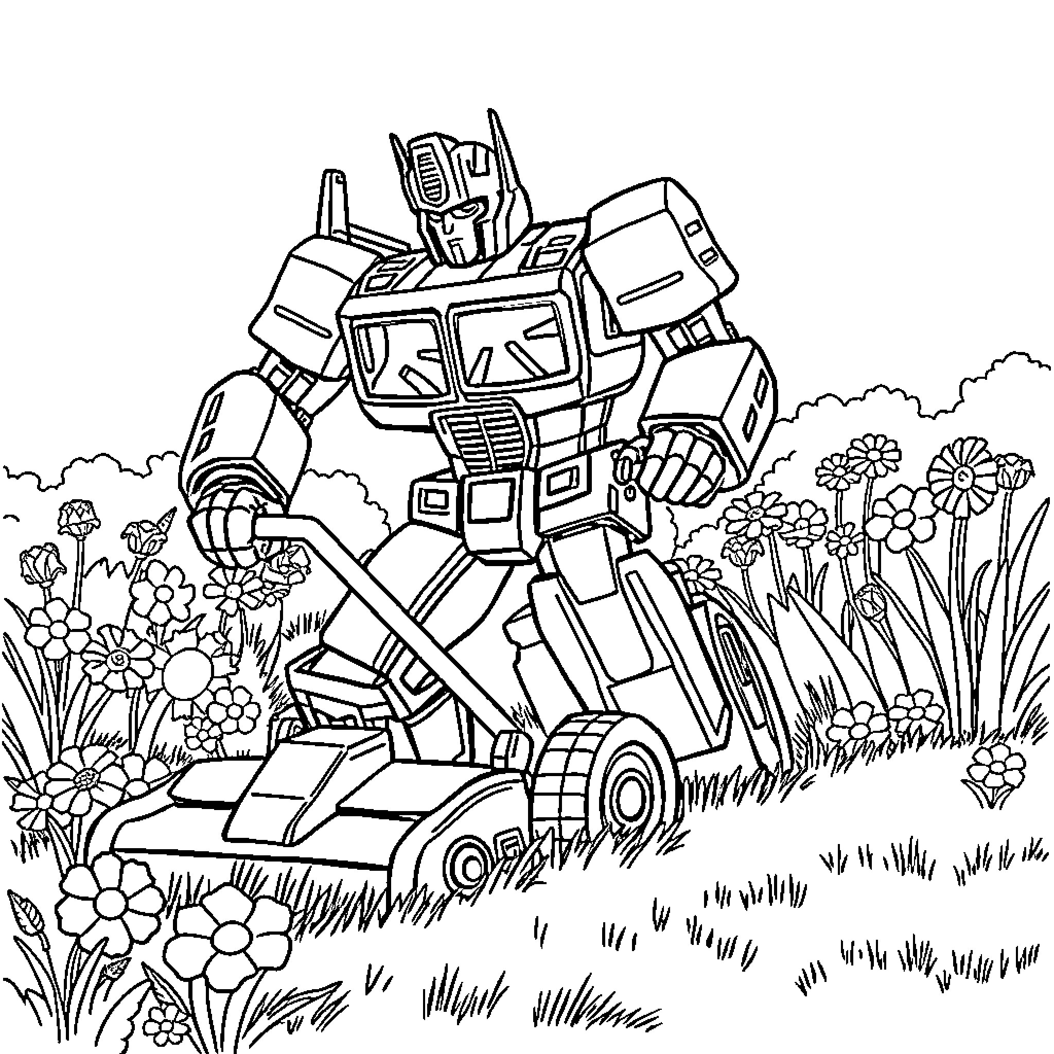Optimus Prime in a Transformers Landscape Coloring Page (free black-and-white line drawing printable PDF for all, from beginners to advanced learners, including children, teens, adults, and seniors)