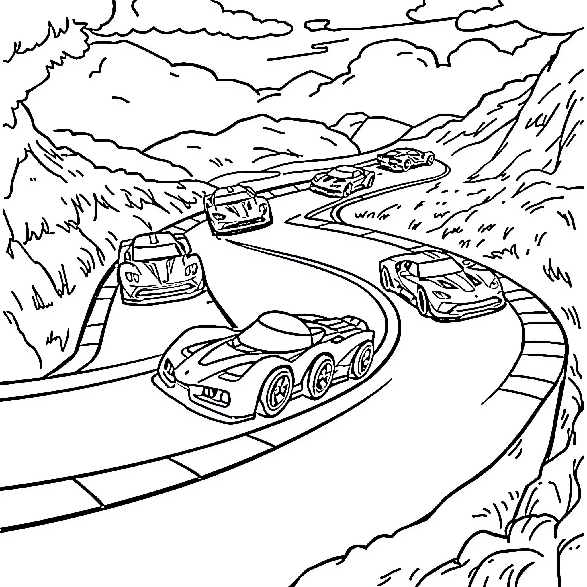 Hot Wheels race through thrilling mountain roads Coloring Page (free black-and-white line drawing printable PDF for all, from beginners to advanced learners, including children, teens, adults, and seniors)