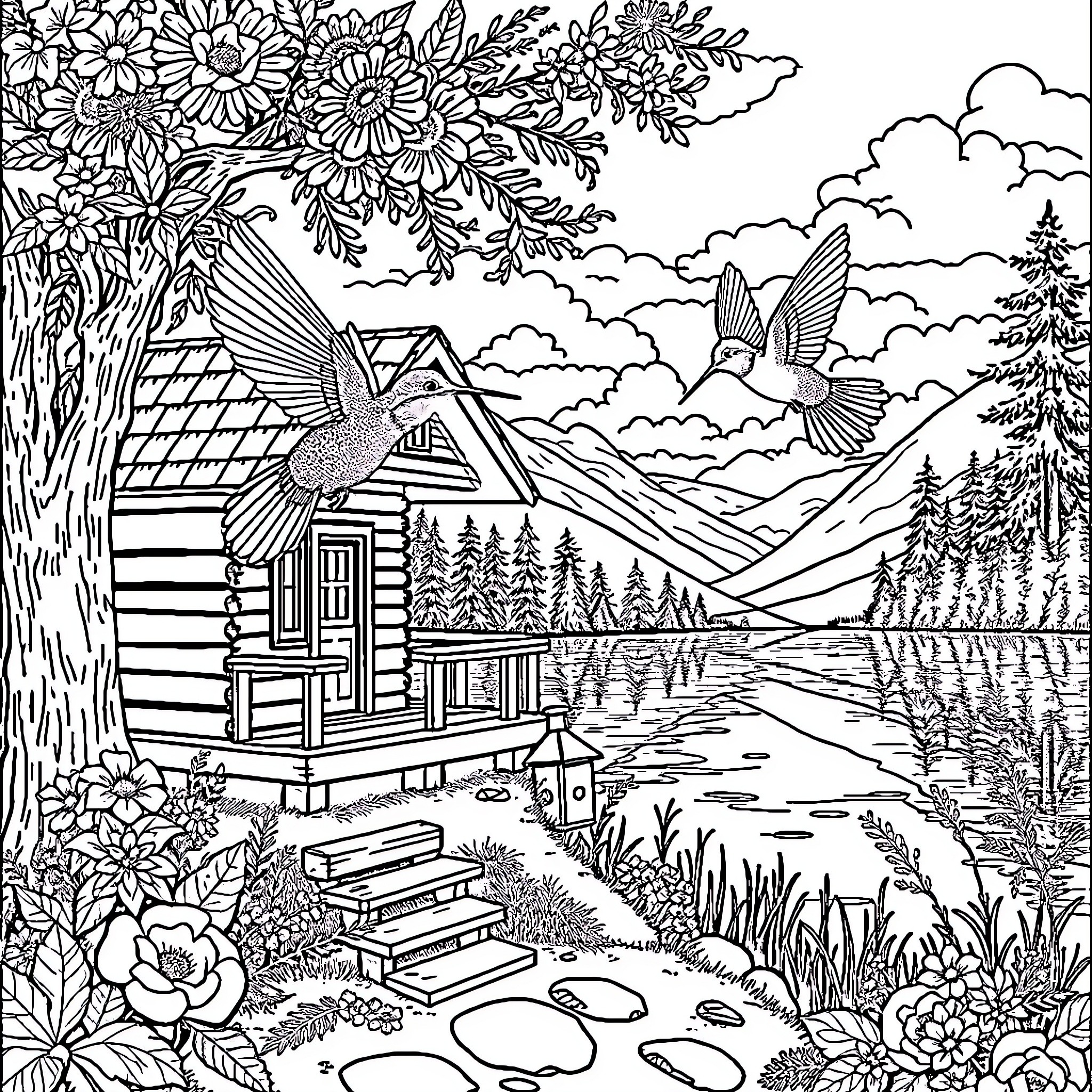 Hummingbird soaring above rustic cabin in nature landscape Coloring Page (free black-and-white line drawing printable PDF for all, from beginners to advanced learners, including children, teens, adults, and seniors)