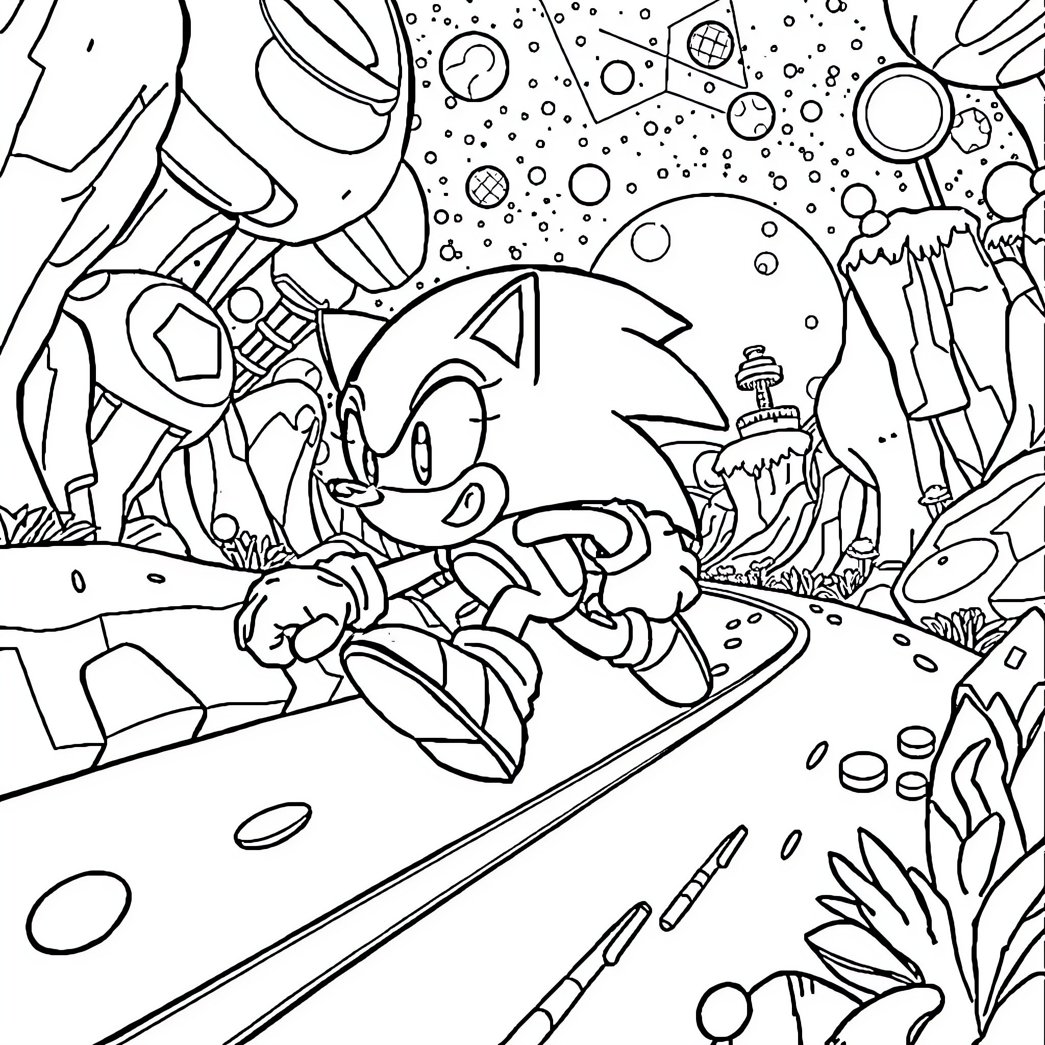 Sonic's Cosmic Adventure in a Whimsical Landscape Coloring Page (free black-and-white line drawing printable PDF for all, from beginners to advanced learners, including children, teens, adults, and seniors)