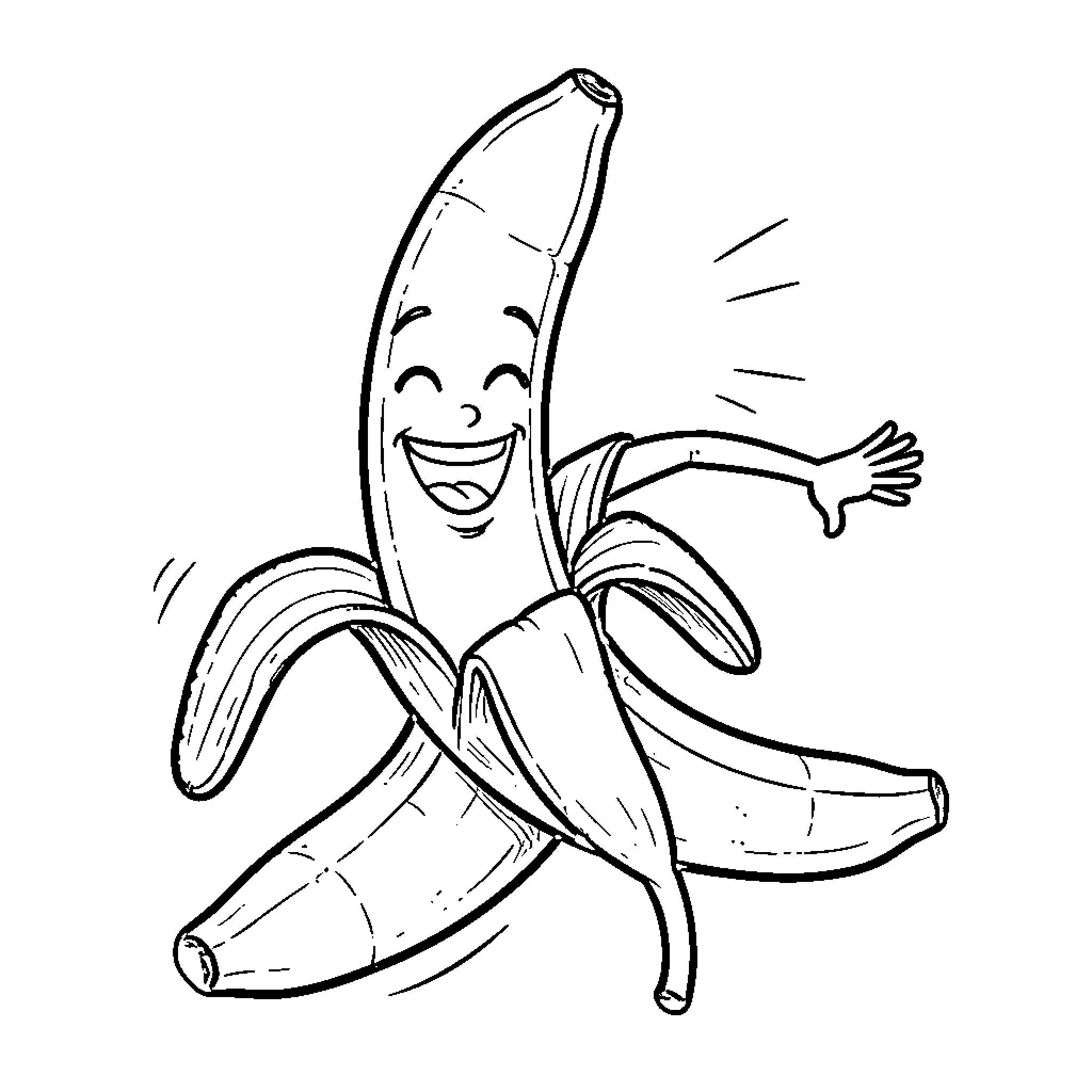 Banana character dancing joyfully with a wide smile Coloring Page (free black-and-white line drawing printable PDF for all, from beginners to advanced learners, including children, teens, adults, and seniors)