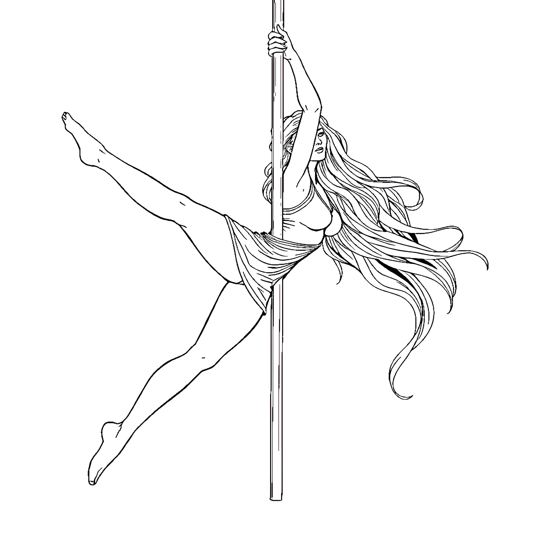 Esquie Dancer Performing Pole Acrobatics Coloring Page (free black-and-white line drawing printable PDF for all, from beginners to advanced learners, including children, teens, adults, and seniors)