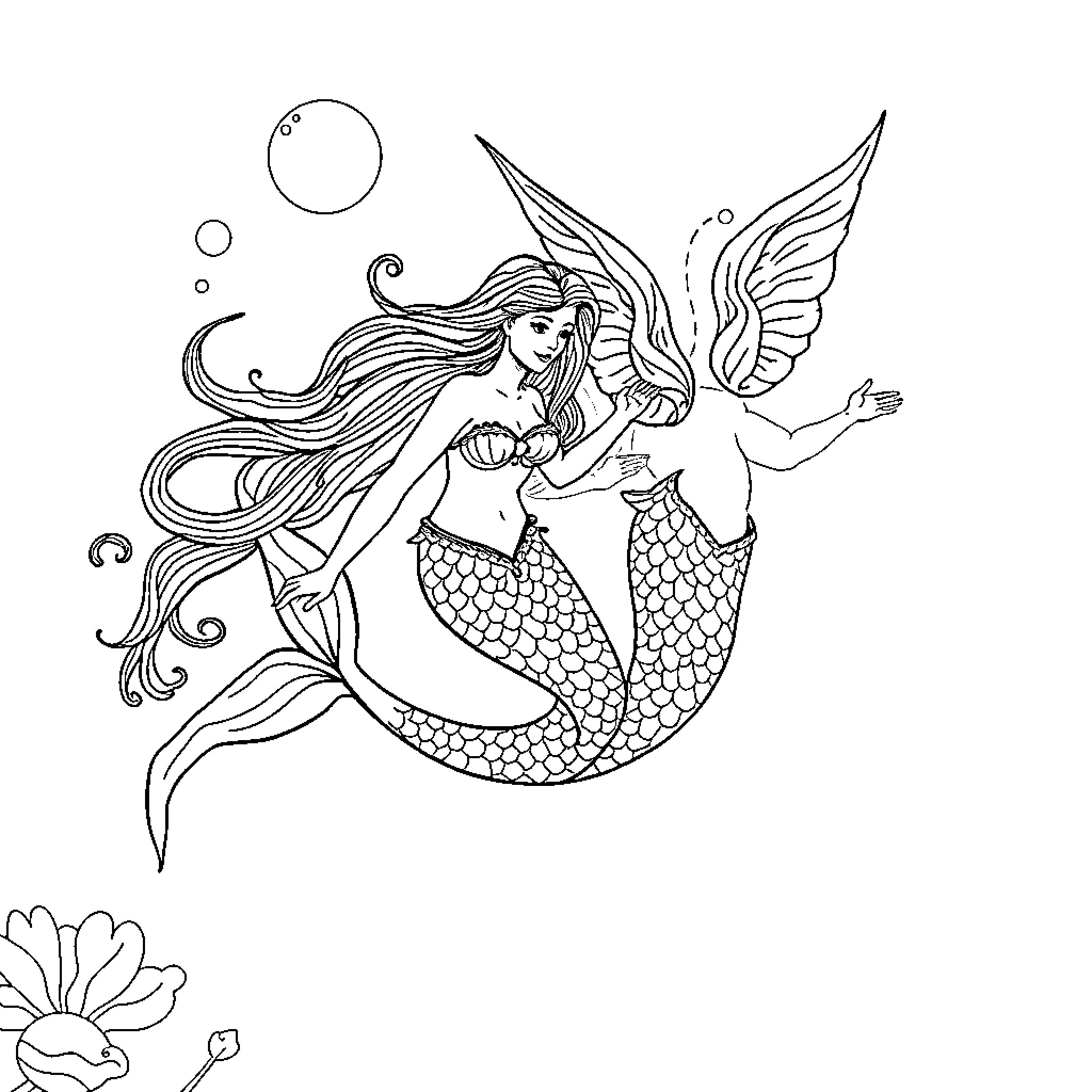 Mermaid swimming with fairy companion in underwater scene Coloring Page (free black-and-white line drawing printable PDF for all, from beginners to advanced learners, including children, teens, adults, and seniors)