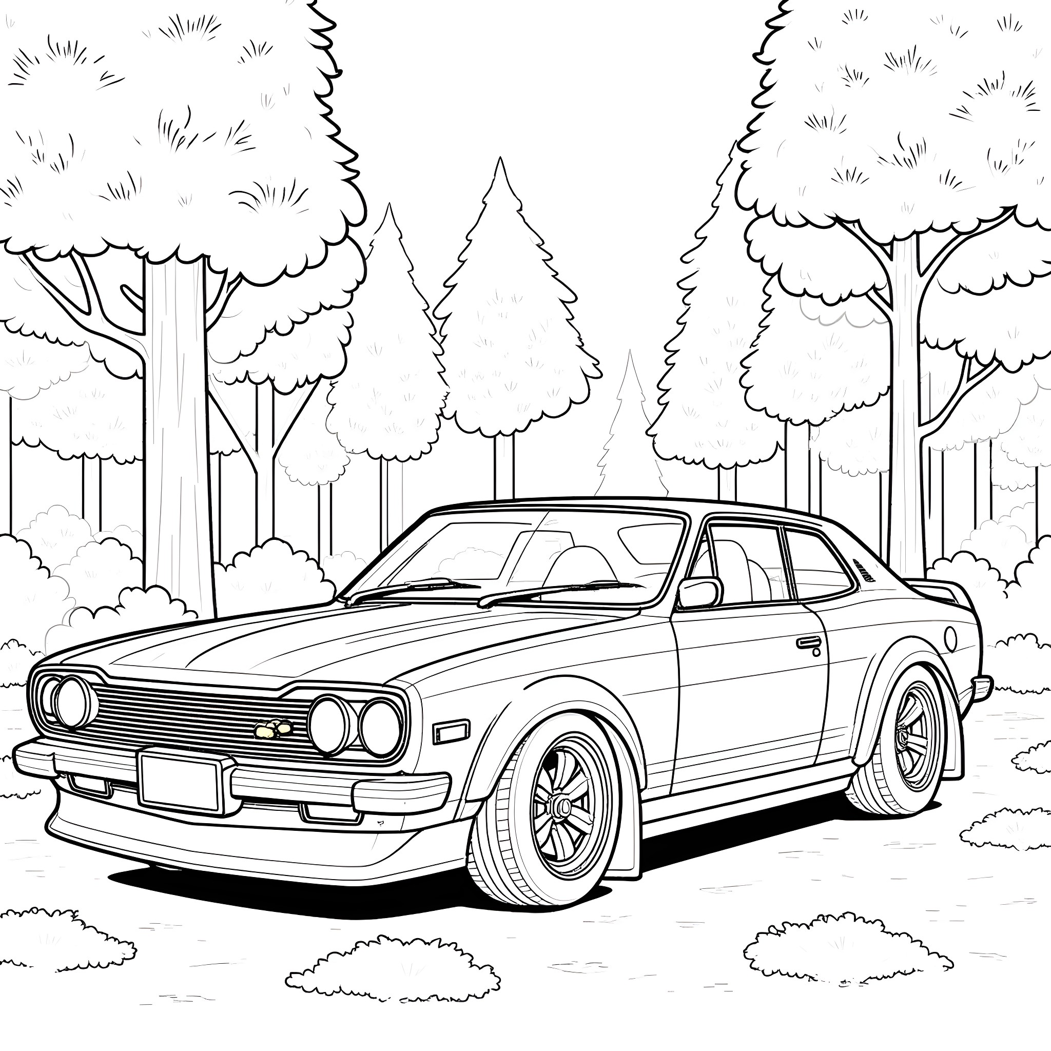 Nissan sports car in the snowy forest Coloring Page (free black-and-white line drawing printable PDF for all, from beginners to advanced learners, including children, teens, adults, and seniors)