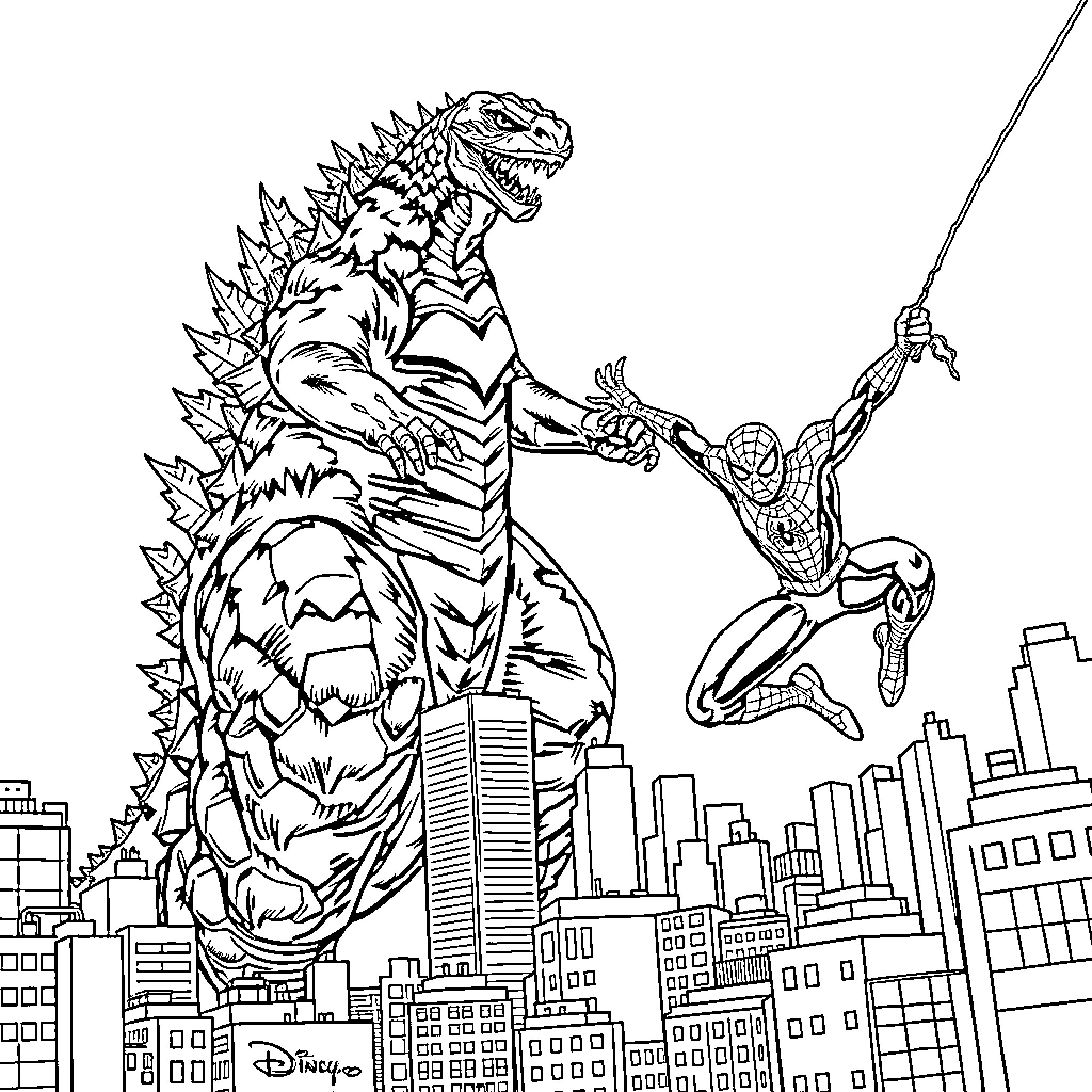 Godzilla facing off against Spider-Man in the city Coloring Page (free black-and-white line drawing printable PDF for all, from beginners to advanced learners, including children, teens, adults, and seniors)