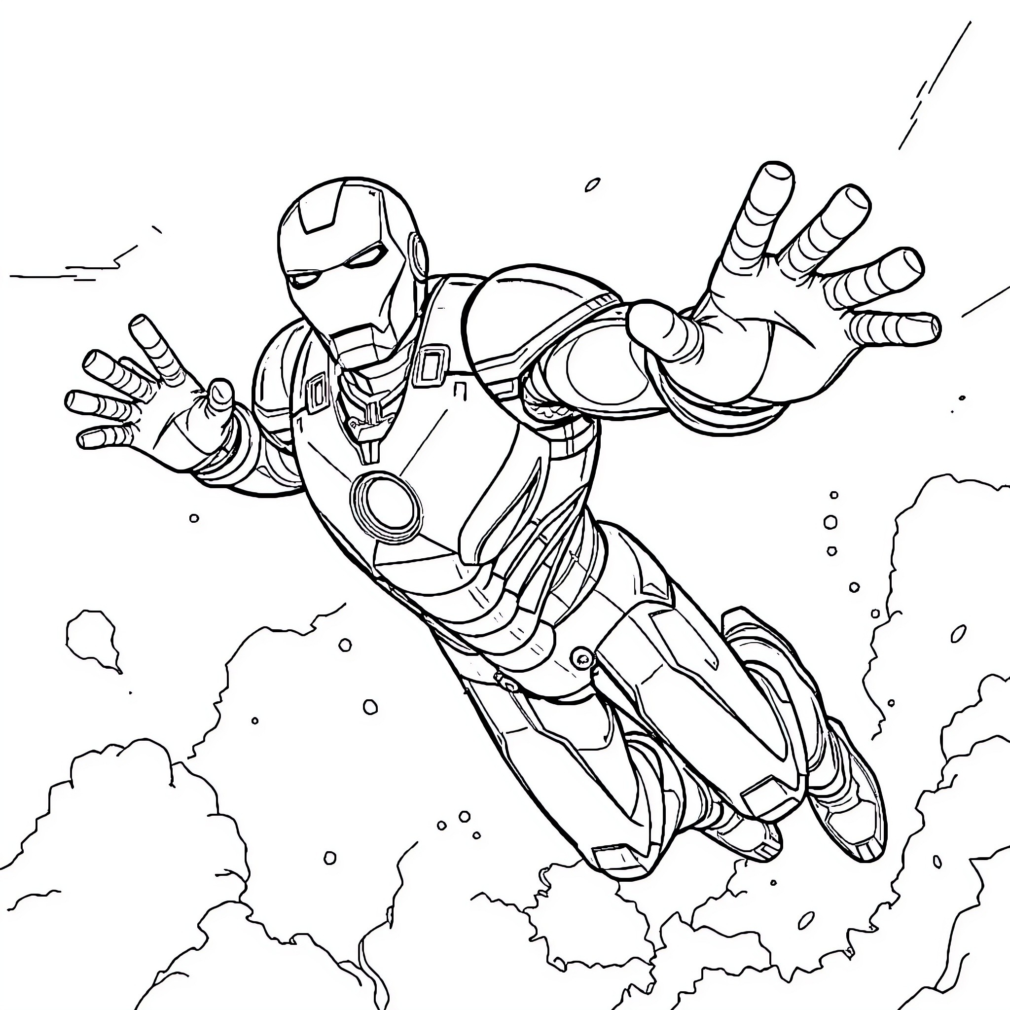 Iron Man soaring through the sky in heroic pose Coloring Page (free black-and-white line drawing printable PDF for all, from beginners to advanced learners, including children, teens, adults, and seniors)