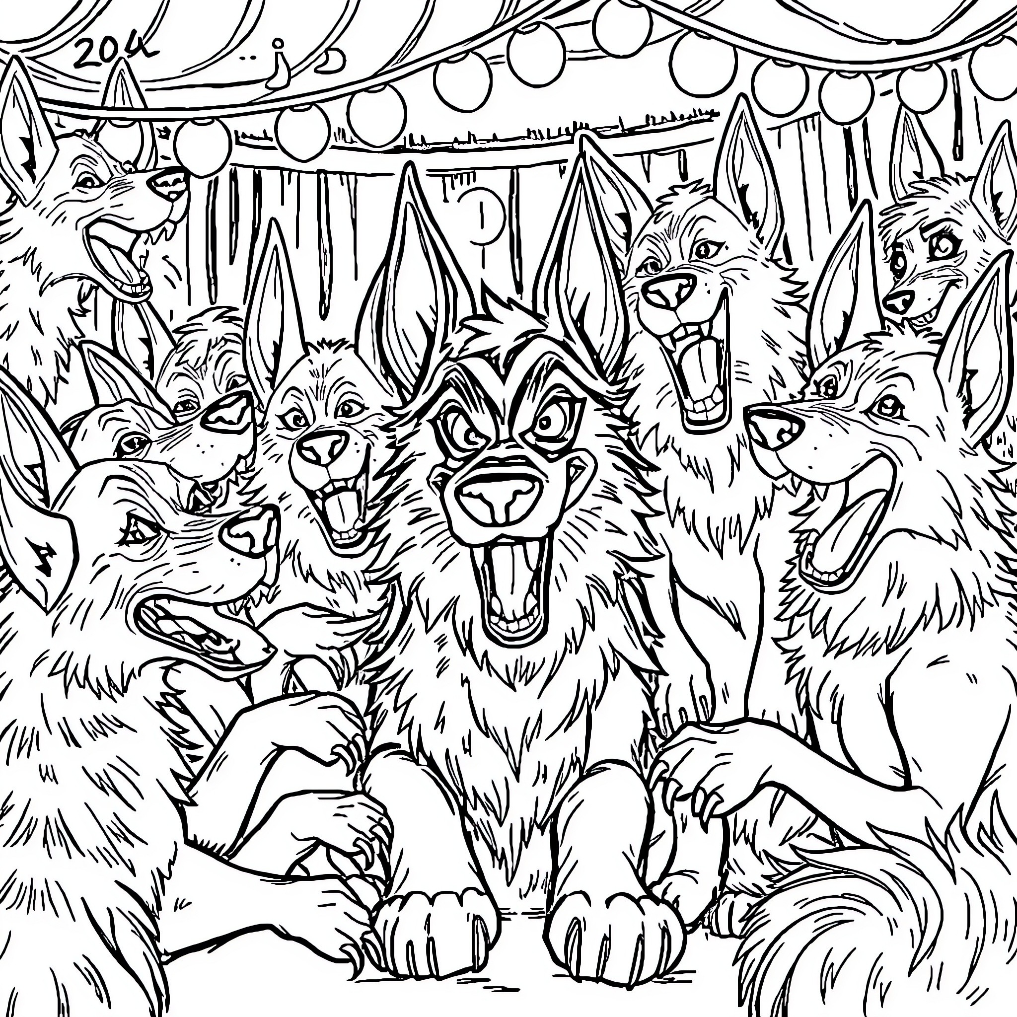 Hellhound Carnival of Mischievous Canine Spirits Coloring Page (free black-and-white line drawing printable PDF for all, from beginners to advanced learners, including children, teens, adults, and seniors)