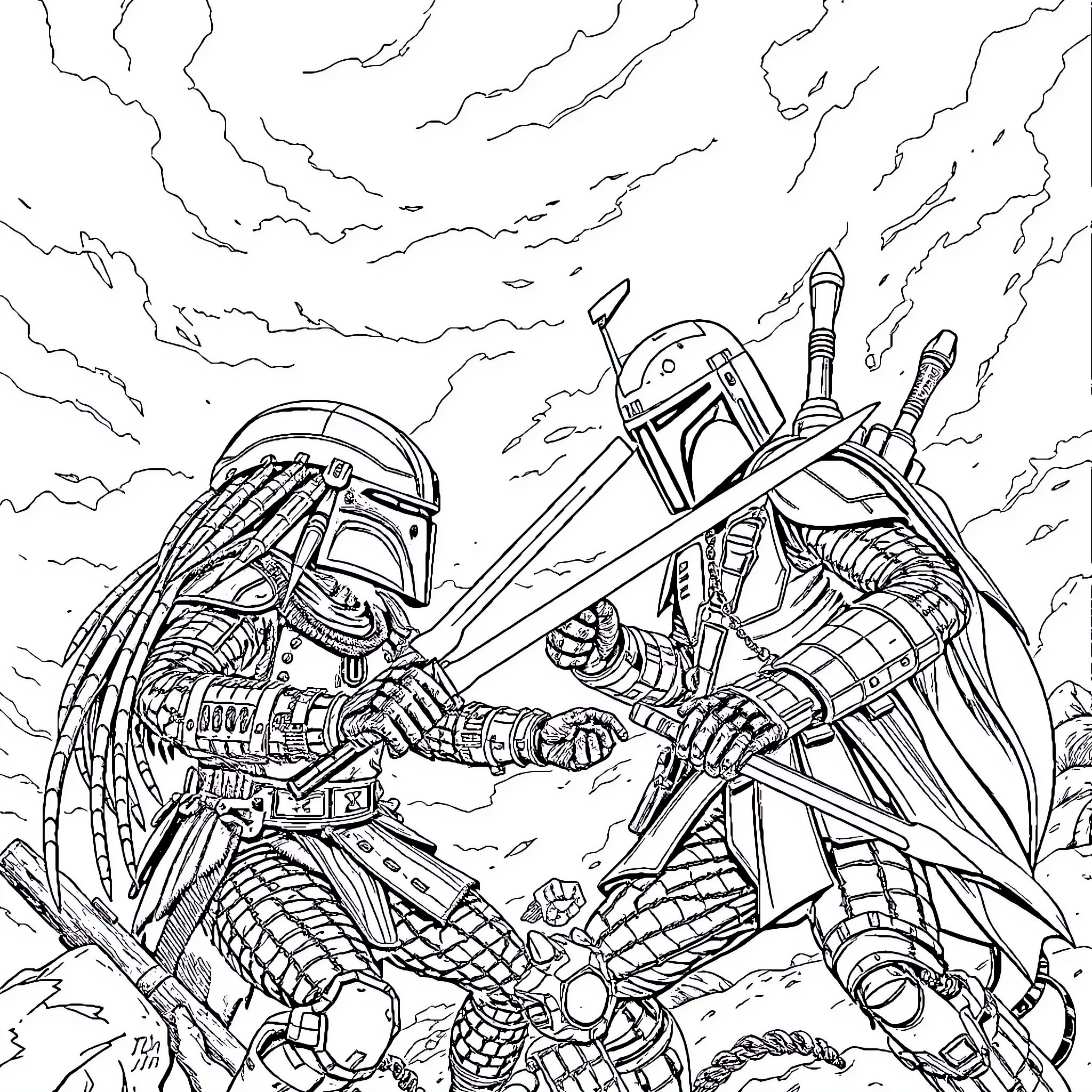 Predator Warrior Clashing in Cosmic Confrontation Coloring Page (free black-and-white line drawing printable PDF for all, from beginners to advanced learners, including children, teens, adults, and seniors)