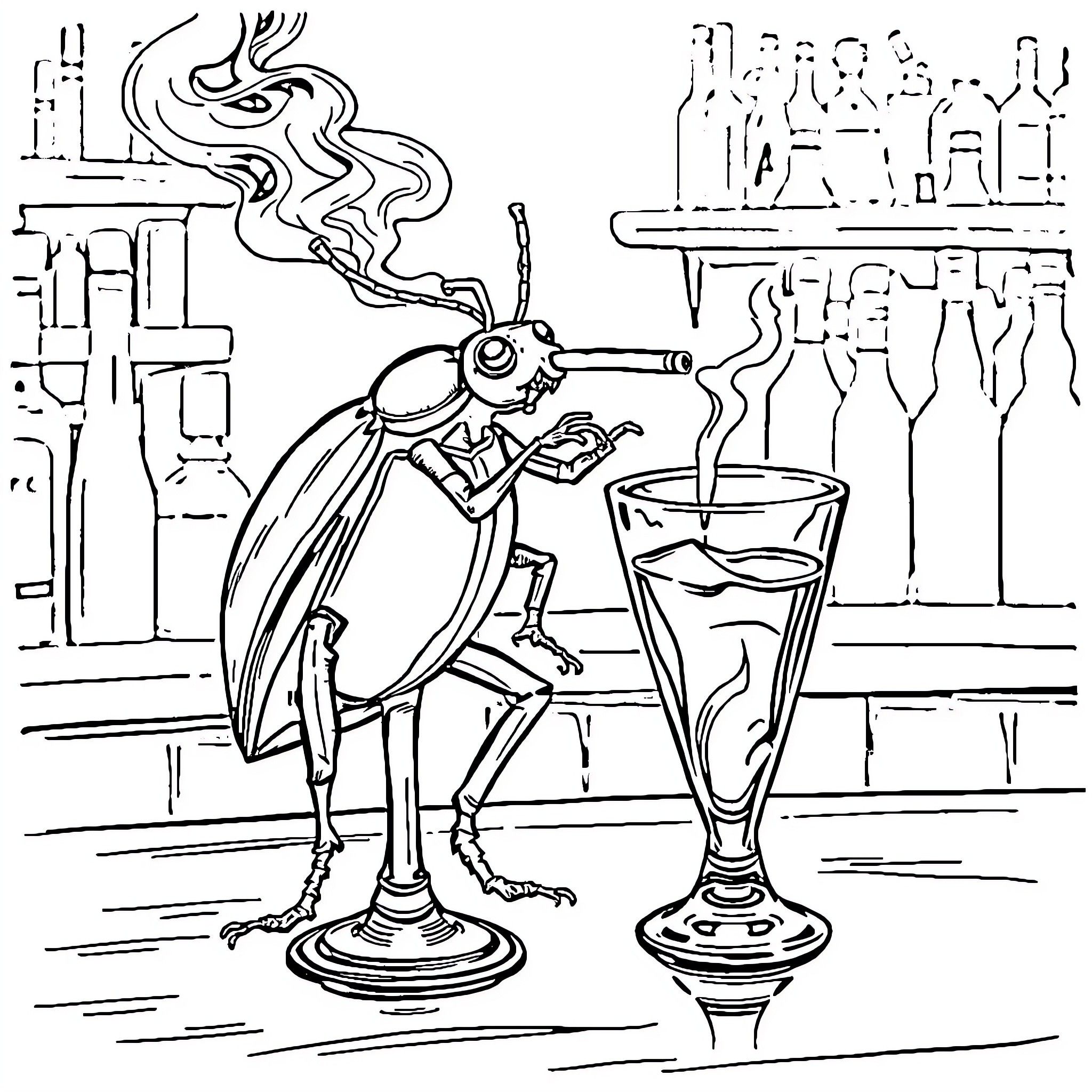 Beetle enjoying a drink at the bar Coloring Page (free black-and-white line drawing printable PDF for all, from beginners to advanced learners, including children, teens, adults, and seniors)