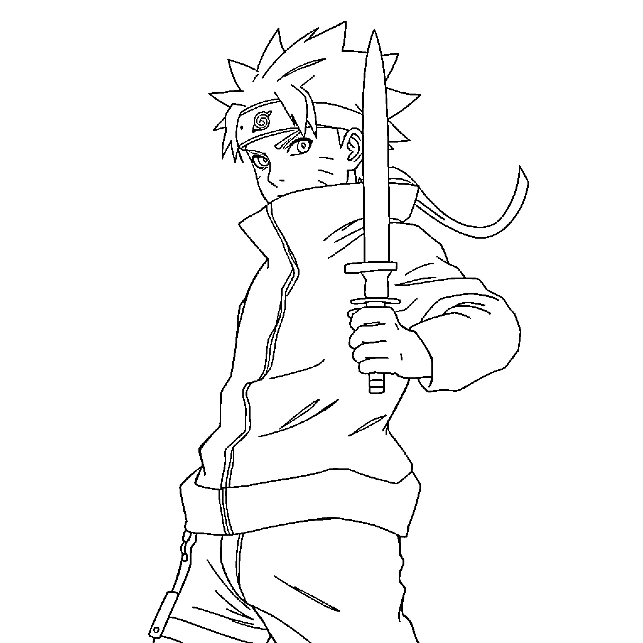 Naruto wielding a sword with determined expression Coloring Page (free black-and-white line drawing printable PDF for all, from beginners to advanced learners, including children, teens, adults, and seniors)