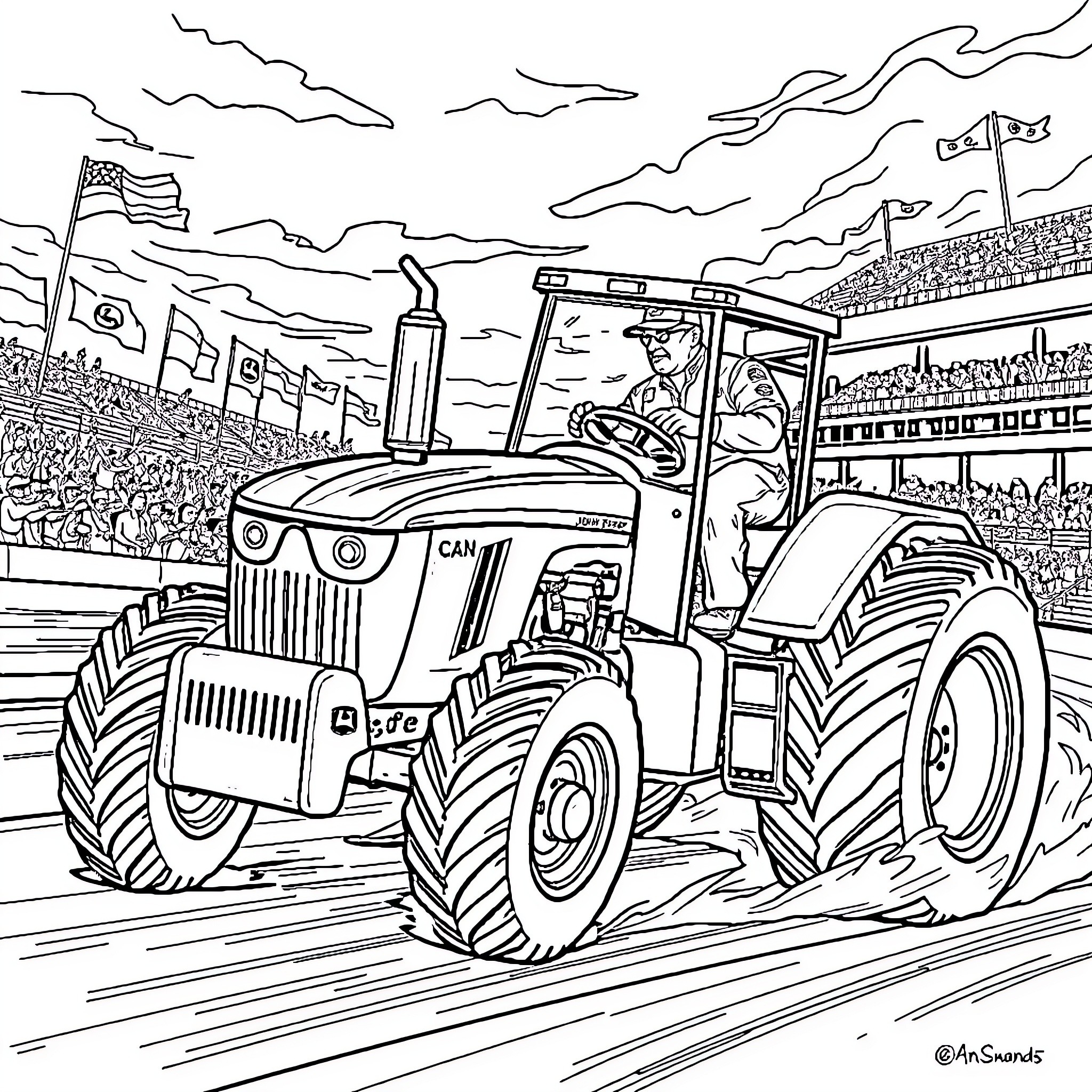 Dale Earnhardt Racing Tractor at Stadium Coloring Page (free black-and-white line drawing printable PDF for all, from beginners to advanced learners, including children, teens, adults, and seniors)