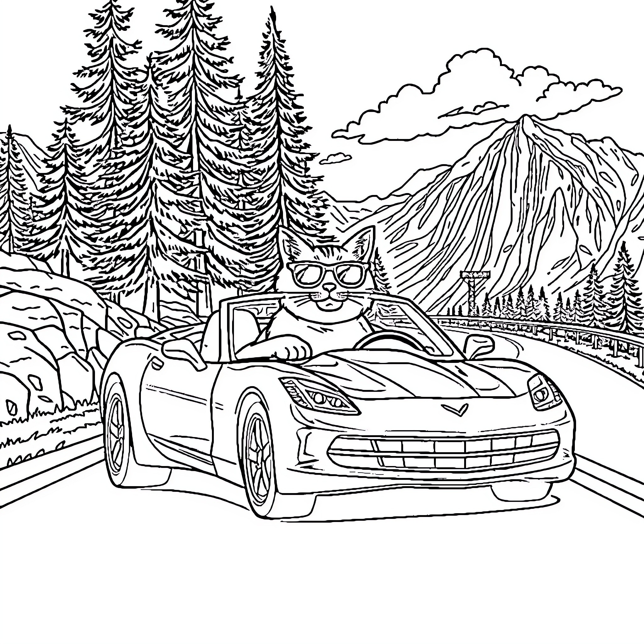 Cat driving sports car through scenic landscape Coloring Page (free black-and-white line drawing printable PDF for all, from beginners to advanced learners, including children, teens, adults, and seniors)