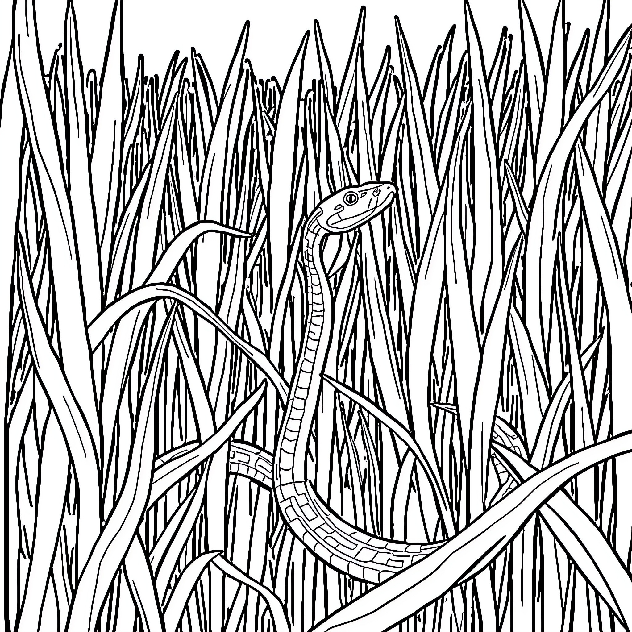 Snake slithering through tall grass Coloring Page (free black-and-white line drawing printable PDF for all, from beginners to advanced learners, including children, teens, adults, and seniors)