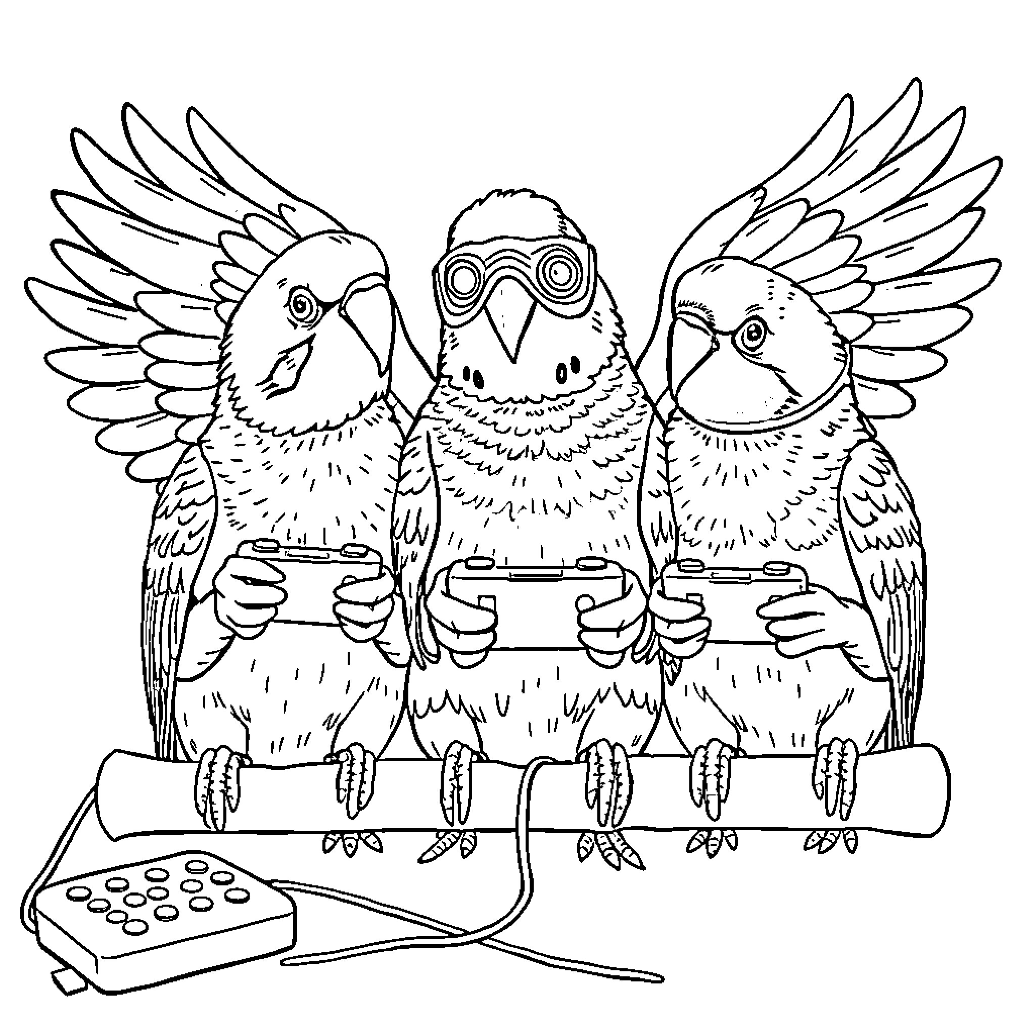Budgie friends playing video games together Coloring Page (free black-and-white line drawing printable PDF for all, from beginners to advanced learners, including children, teens, adults, and seniors)