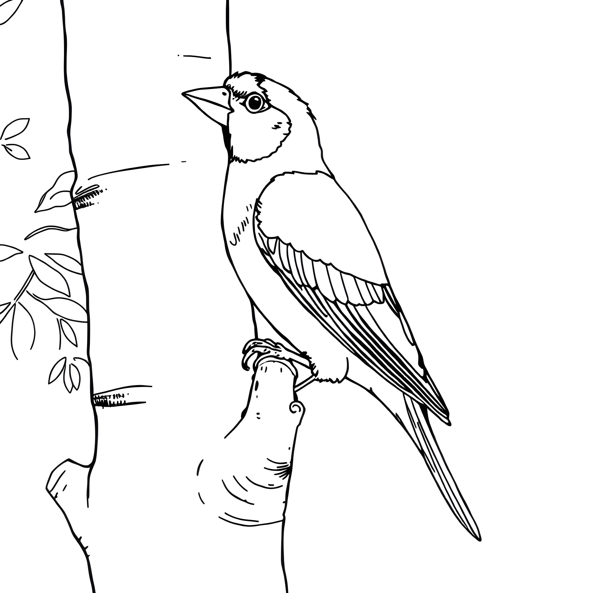Gouldian Finch perched on a branch Coloring Page (free black-and-white line drawing printable PDF for all, from beginners to advanced learners, including children, teens, adults, and seniors)