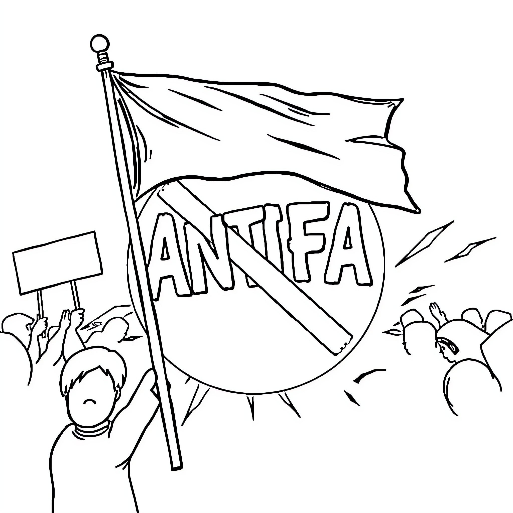 Antifa protesters waving flag and demonstrating Coloring Page (free black-and-white line drawing printable PDF for all, from beginners to advanced learners, including children, teens, adults, and seniors)