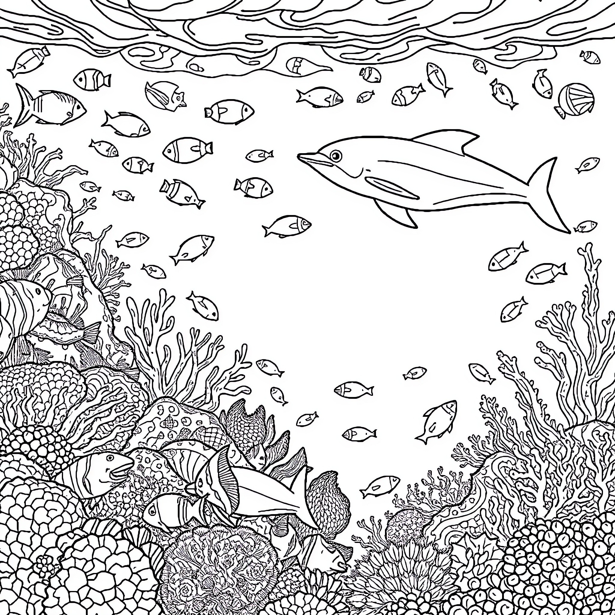 Ocean Vibrant Marine Life Exploration Coloring Page (free black-and-white line drawing printable PDF for all, from beginners to advanced learners, including children, teens, adults, and seniors)