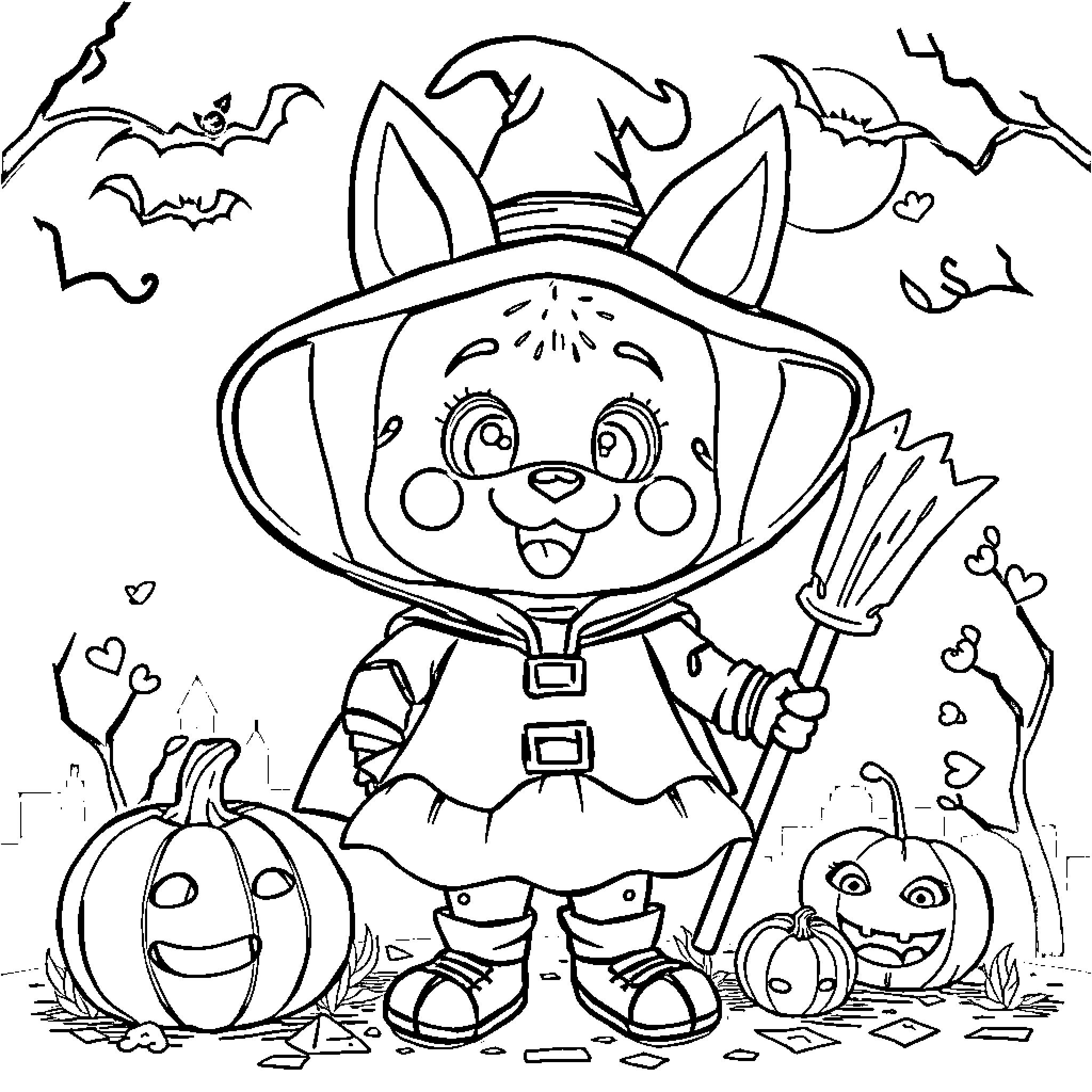 Labobo's Halloween Fun with Pumpkins and Bats Coloring Page (free black-and-white line drawing printable PDF for all, from beginners to advanced learners, including children, teens, adults, and seniors)