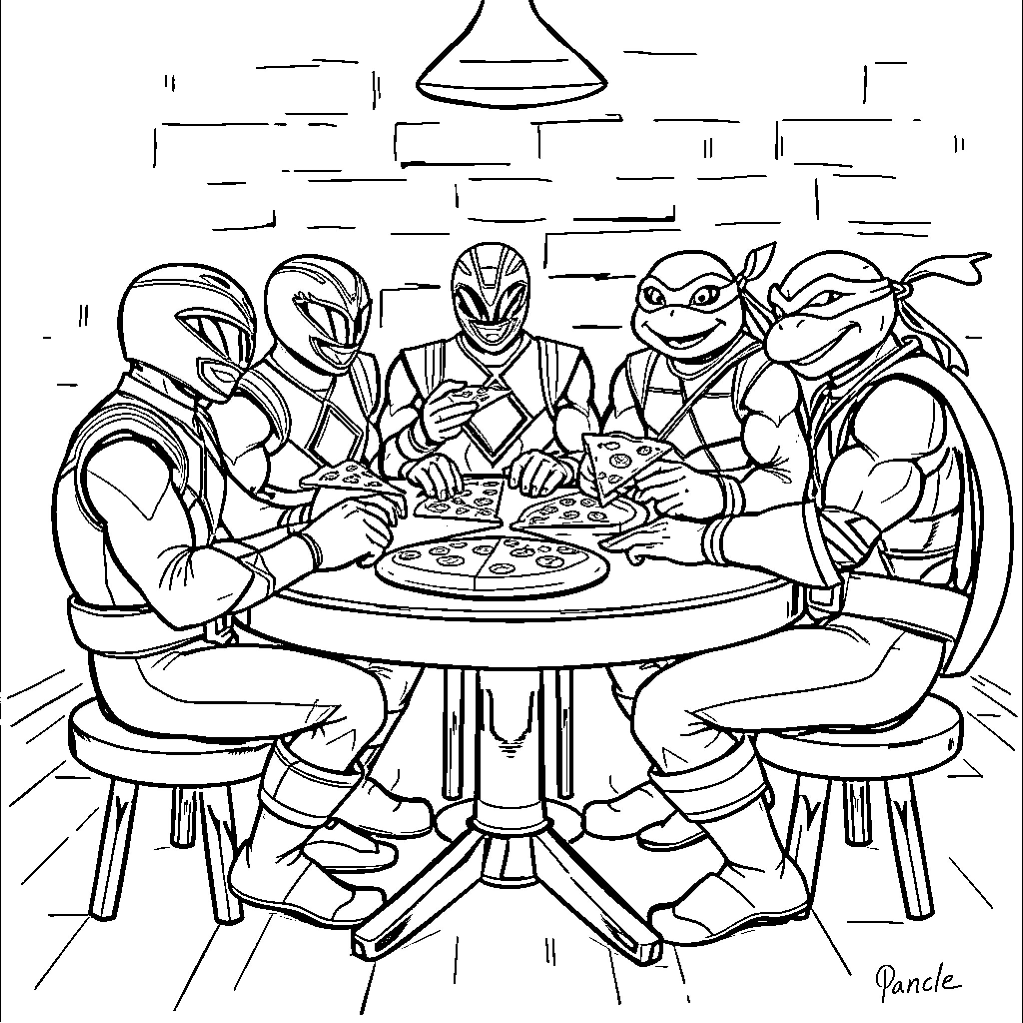 Power Rangers Enjoying a Meal Together Coloring Page (free black-and-white line drawing printable PDF for all, from beginners to advanced learners, including children, teens, adults, and seniors)