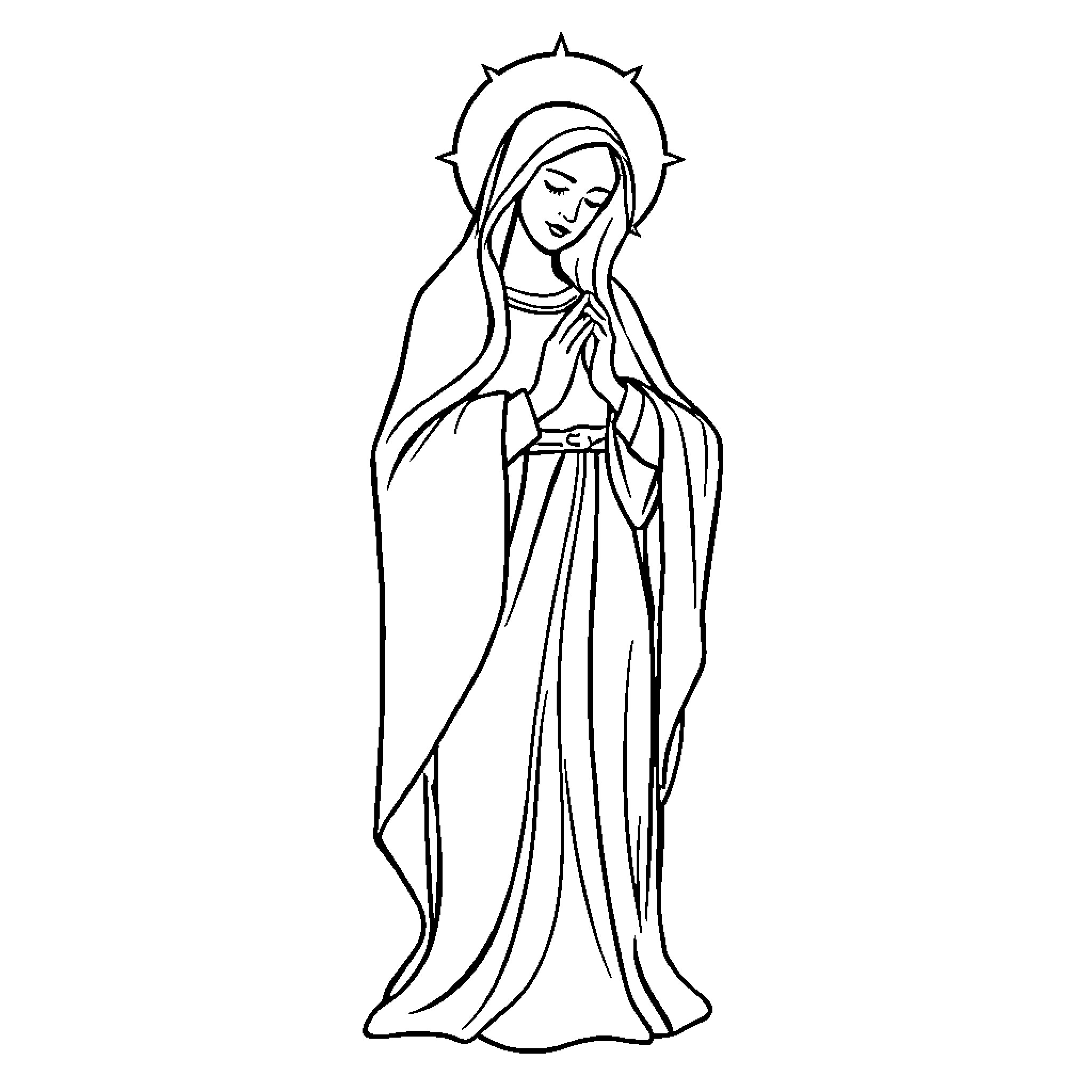 Virgin Mary in Prayerful Pose Coloring Page (free black-and-white line drawing printable PDF for all, from beginners to advanced learners, including children, teens, adults, and seniors)