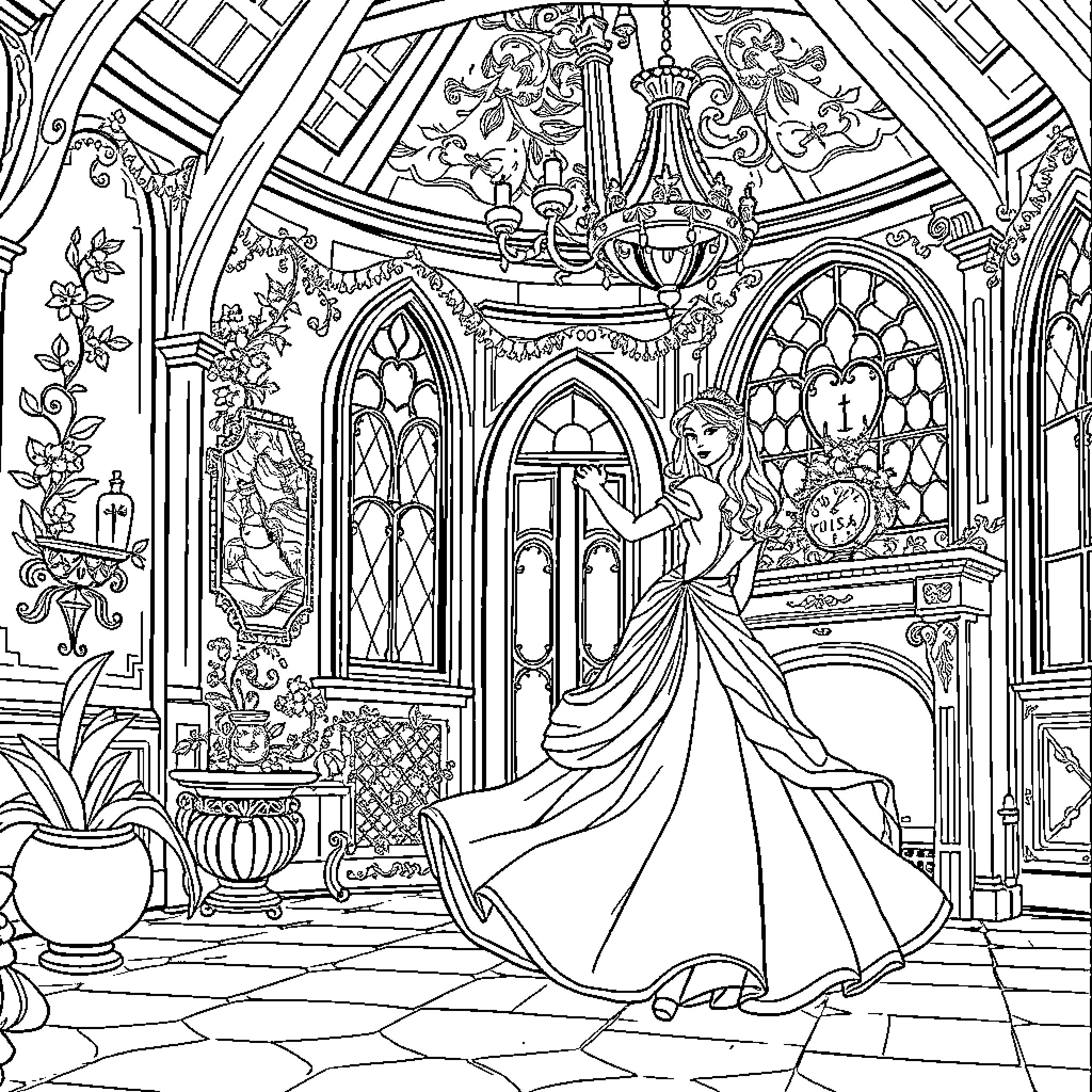 Princess in Elegant Palace Ballroom Coloring Page (free black-and-white line drawing printable PDF for all, from beginners to advanced learners, including children, teens, adults, and seniors)