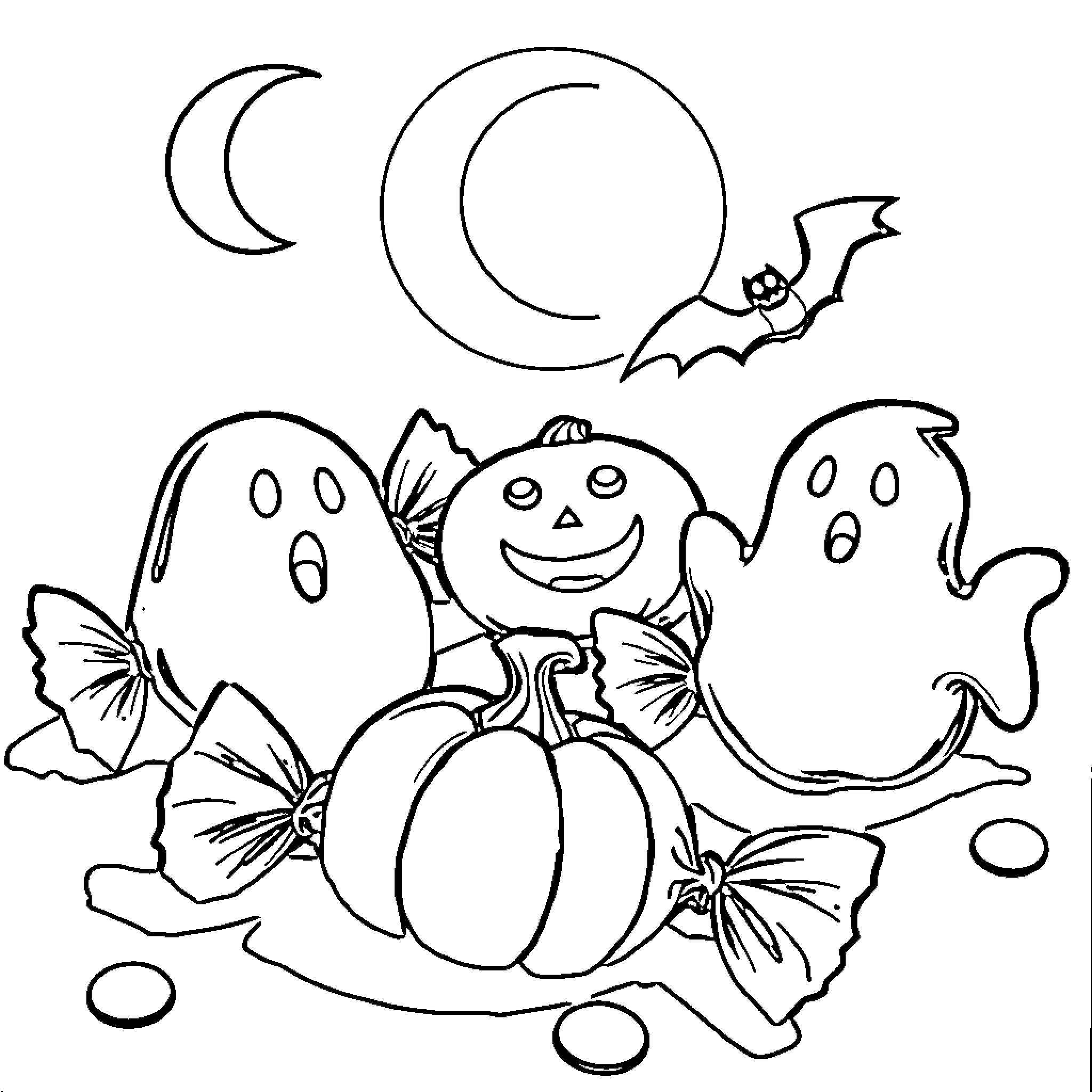 Candy Halloween Decorations and Ghosts Coloring Page (free black-and-white line drawing printable PDF for all, from beginners to advanced learners, including children, teens, adults, and seniors)