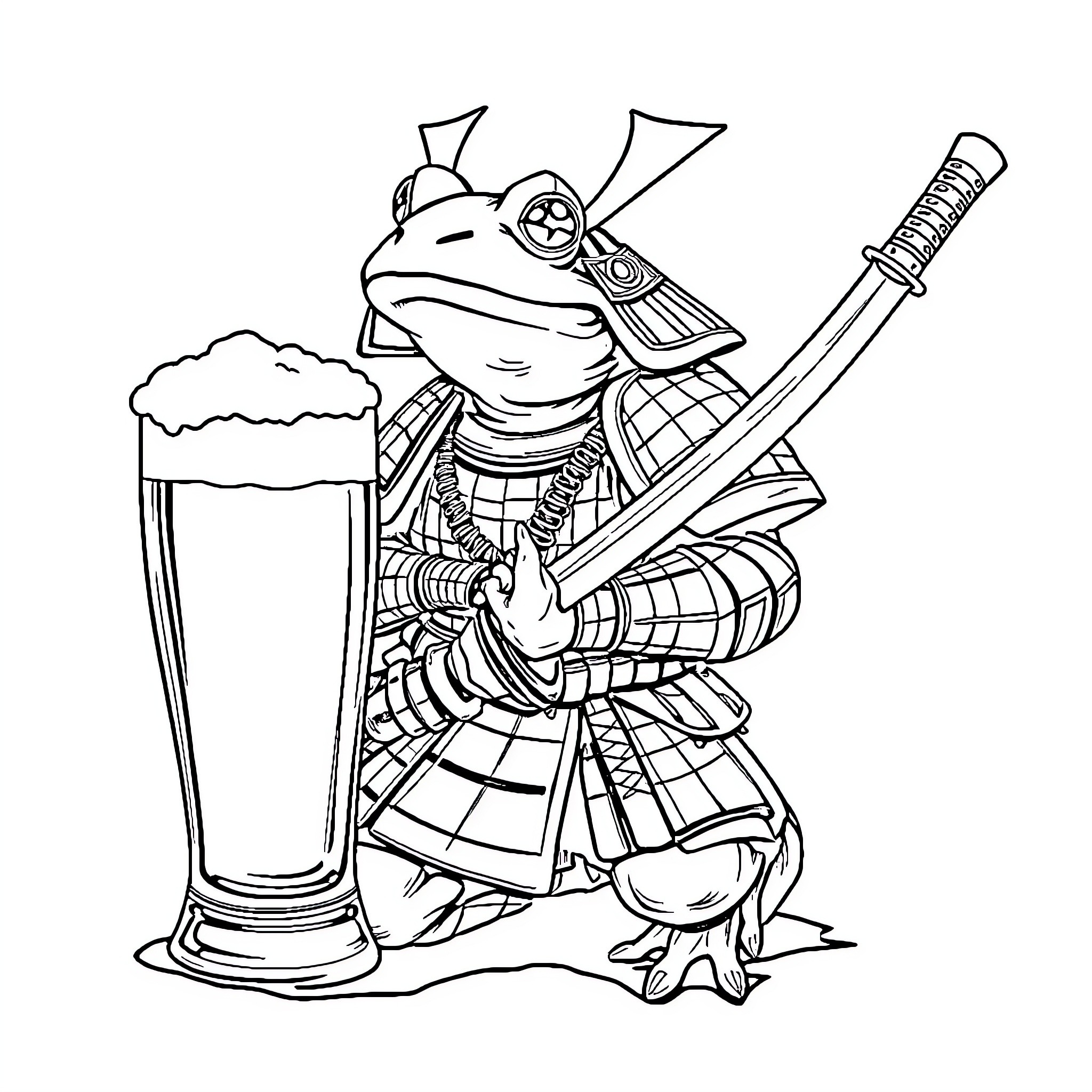 Frog Samurai Warrior with Sword and Beer Coloring Page (free black-and-white line drawing printable PDF for all, from beginners to advanced learners, including children, teens, adults, and seniors)