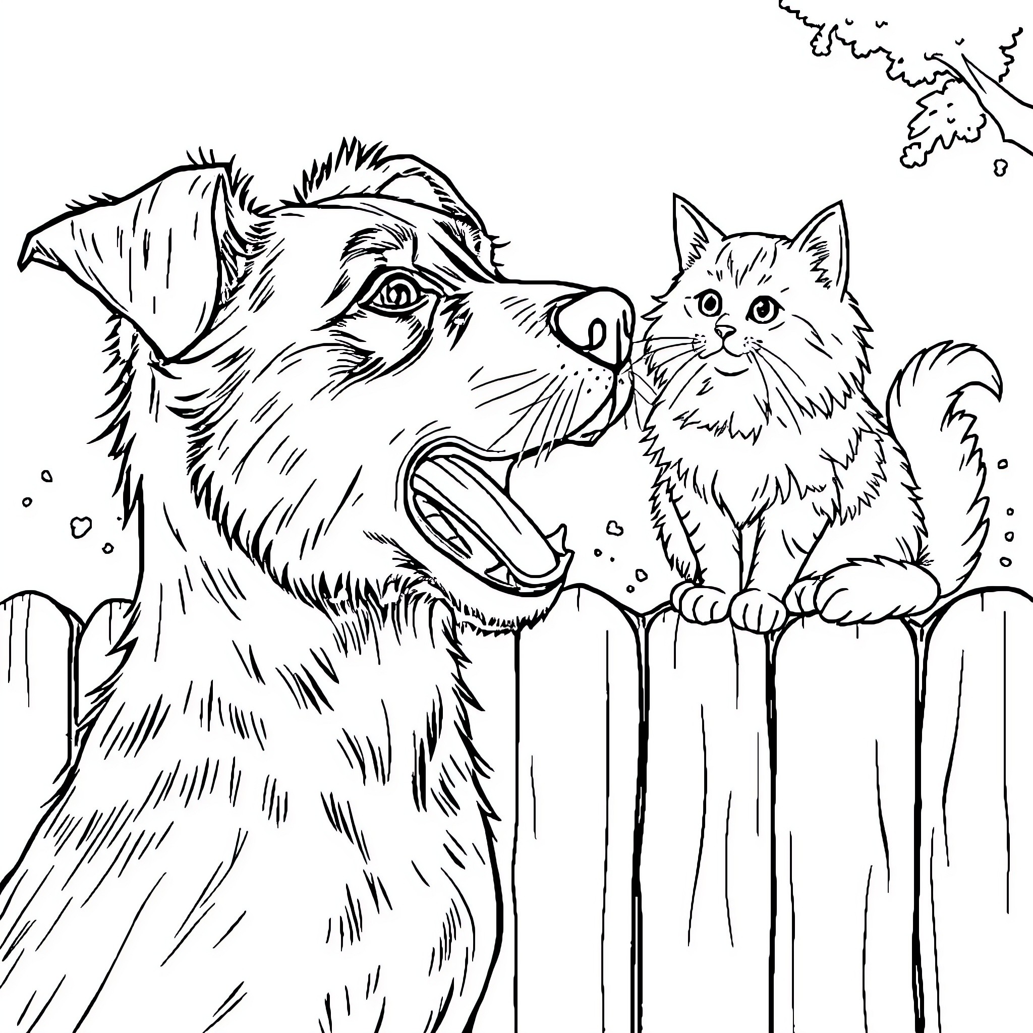 Dog and Cat Enjoying Outdoor Adventure Coloring Page (free black-and-white line drawing printable PDF for all, from beginners to advanced learners, including children, teens, adults, and seniors)