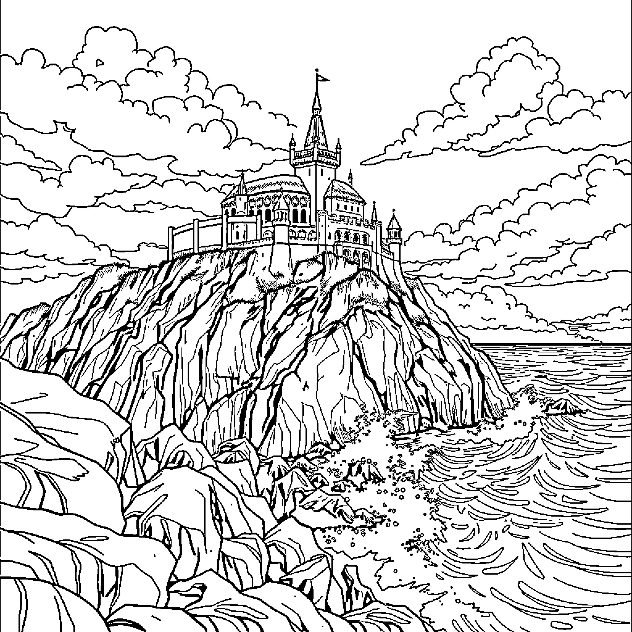 Castle perched atop a majestic cliffside overlooking stormy seas Coloring Page (free black-and-white line drawing printable PDF for all, from beginners to advanced learners, including children, teens, adults, and seniors)