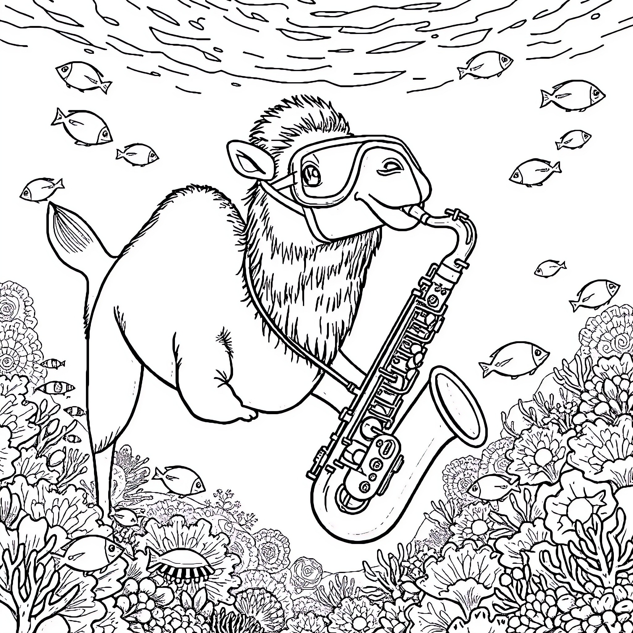 Camel playing saxophone underwater with fish Coloring Page (free black-and-white line drawing printable PDF for all, from beginners to advanced learners, including children, teens, adults, and seniors)