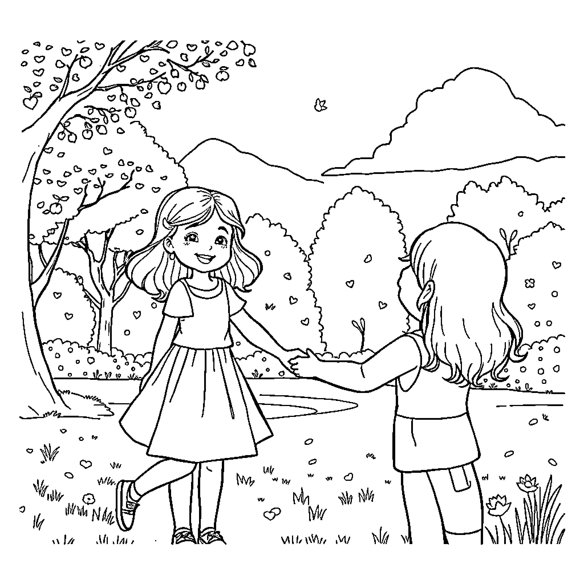 Fille enjoying nature with friends Coloring Page (free black-and-white line drawing printable PDF for all, from beginners to advanced learners, including children, teens, adults, and seniors)