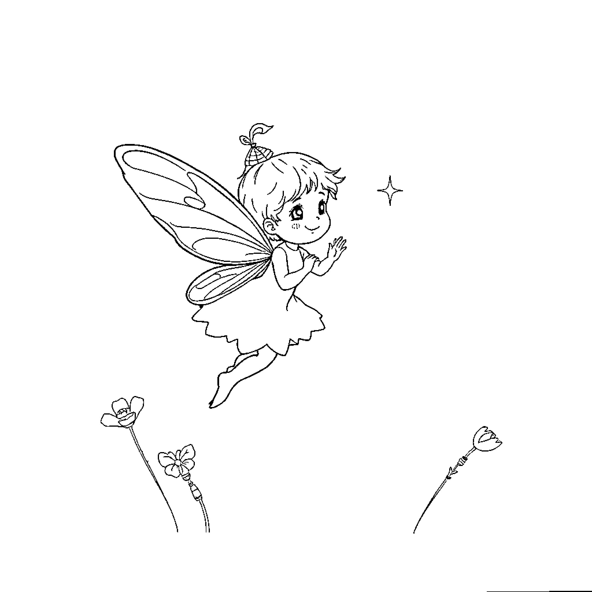 Baby Fairy Spreading Magical Joy Coloring Page (free black-and-white line drawing printable PDF for all, from beginners to advanced learners, including children, teens, adults, and seniors)