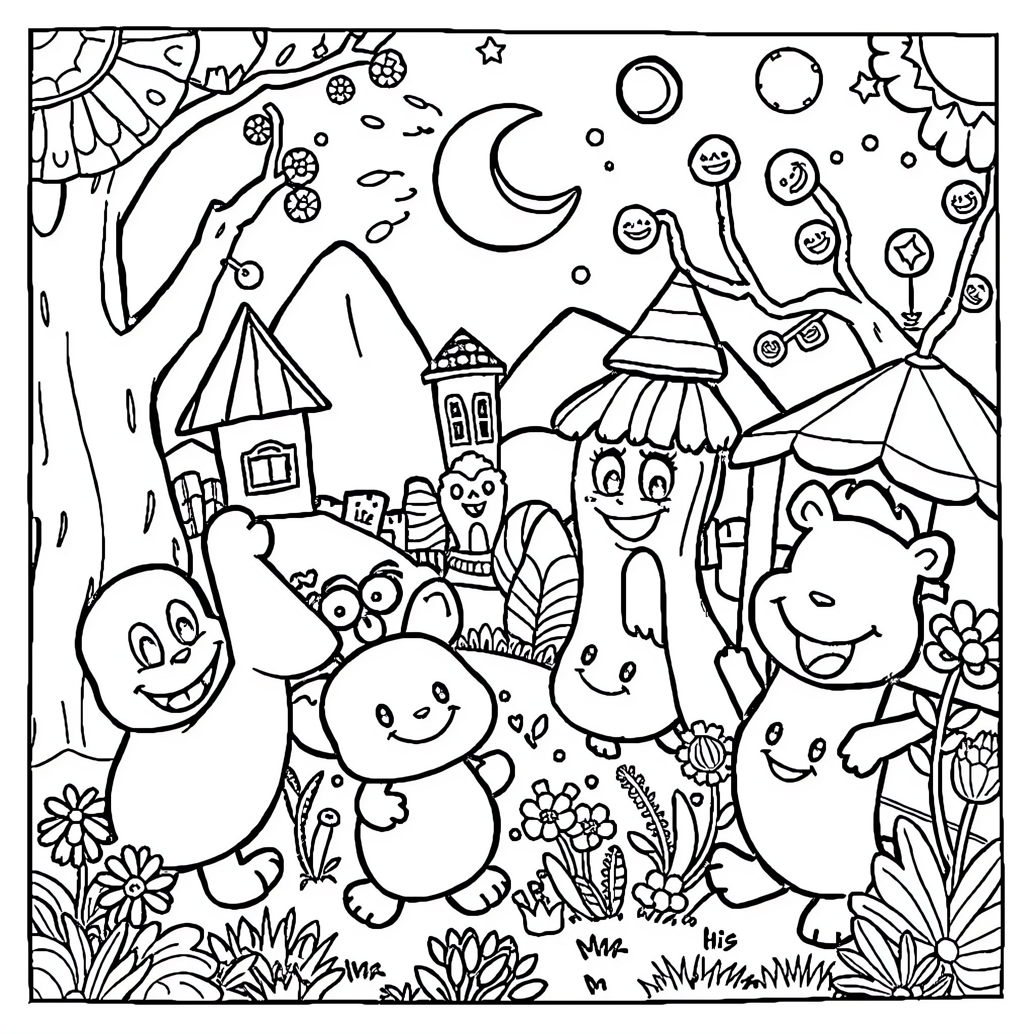 Cartoon Whimsical Night Scene with Smiling Characters Coloring Page (free black-and-white line drawing printable PDF for all, from beginners to advanced learners, including children, teens, adults, and seniors)