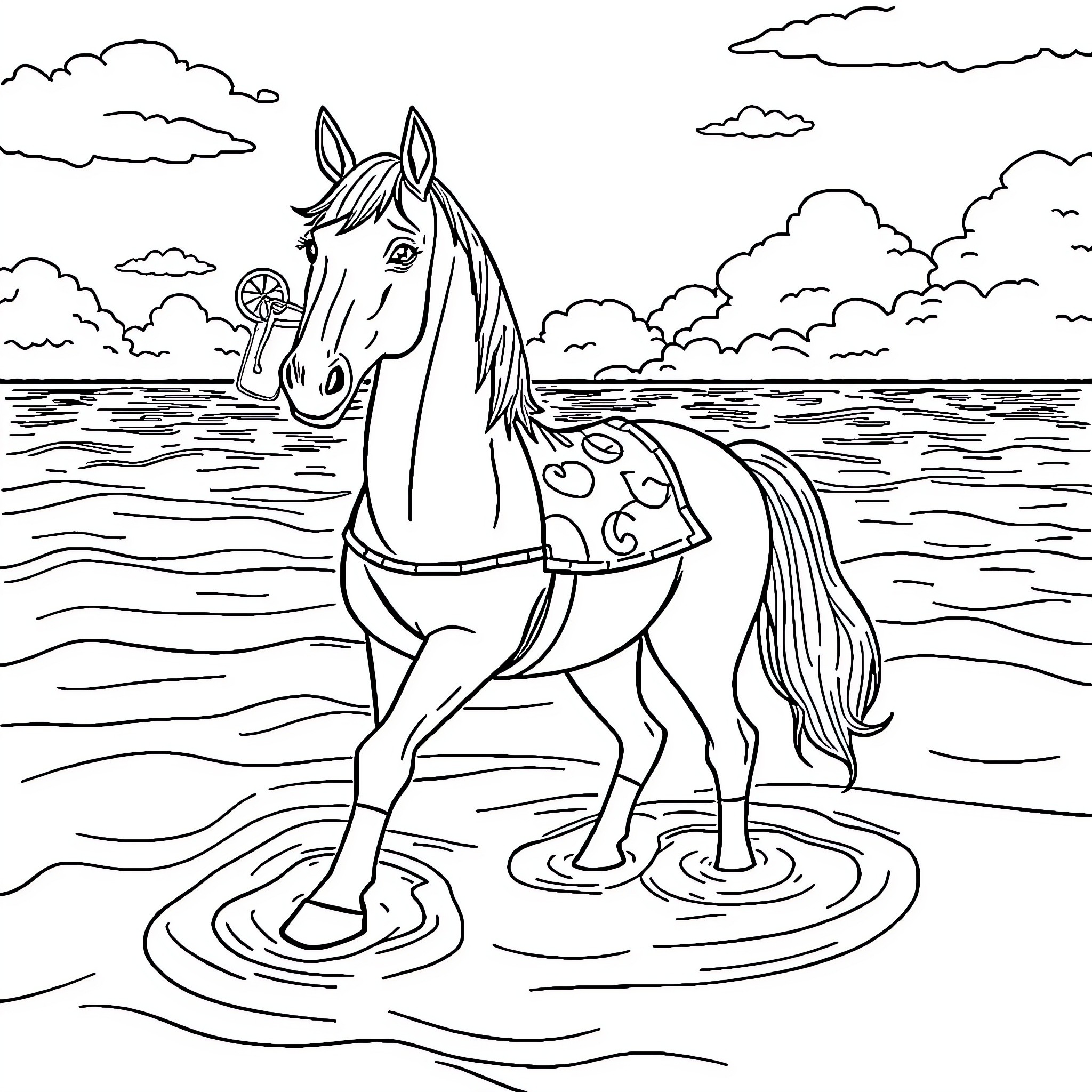 Horse standing in shallow water on a cloudy day Coloring Page (free black-and-white line drawing printable PDF for all, from beginners to advanced learners, including children, teens, adults, and seniors)