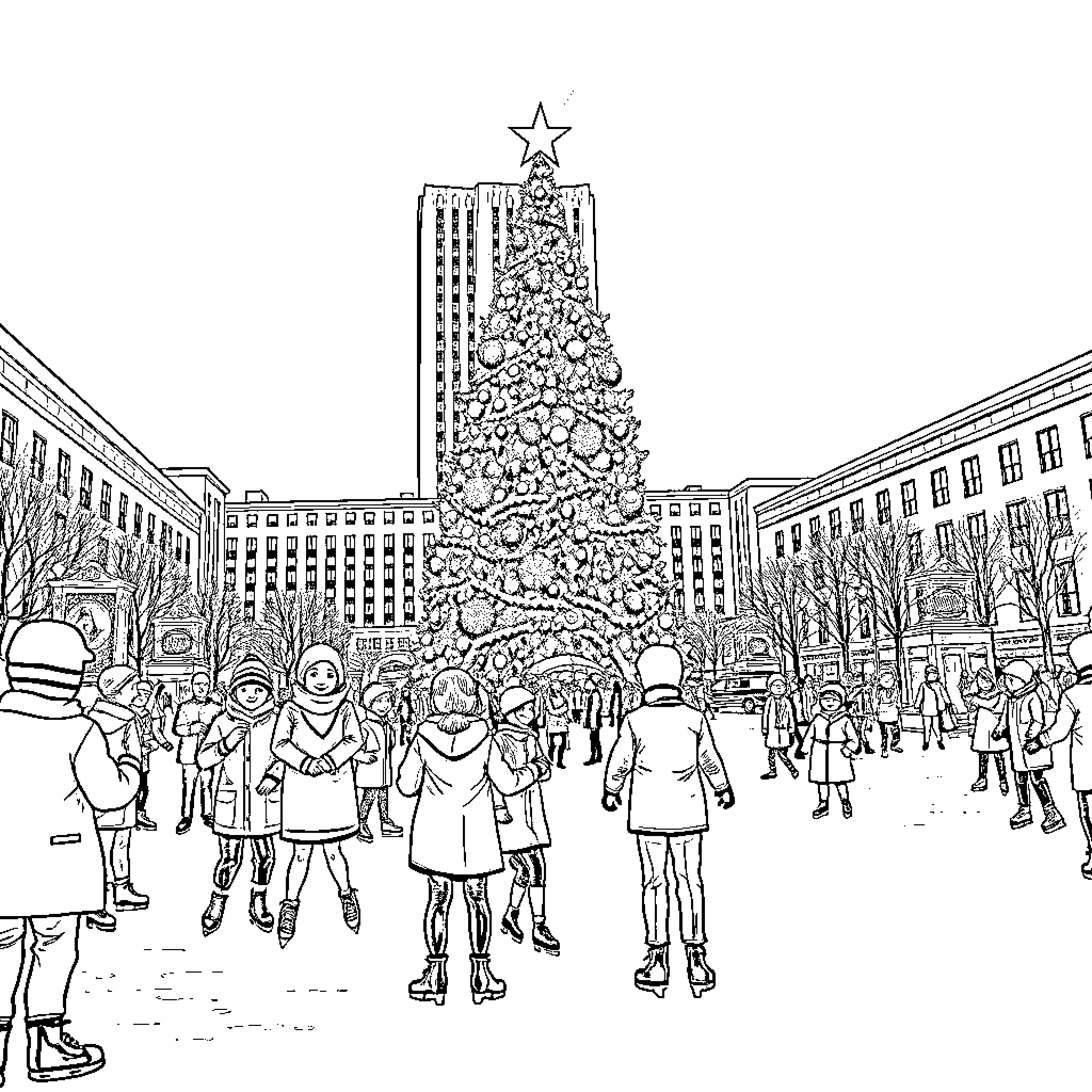 Tree adorned with lights amid bustling city scene Coloring Page (free black-and-white line drawing printable PDF for all, from beginners to advanced learners, including children, teens, adults, and seniors)