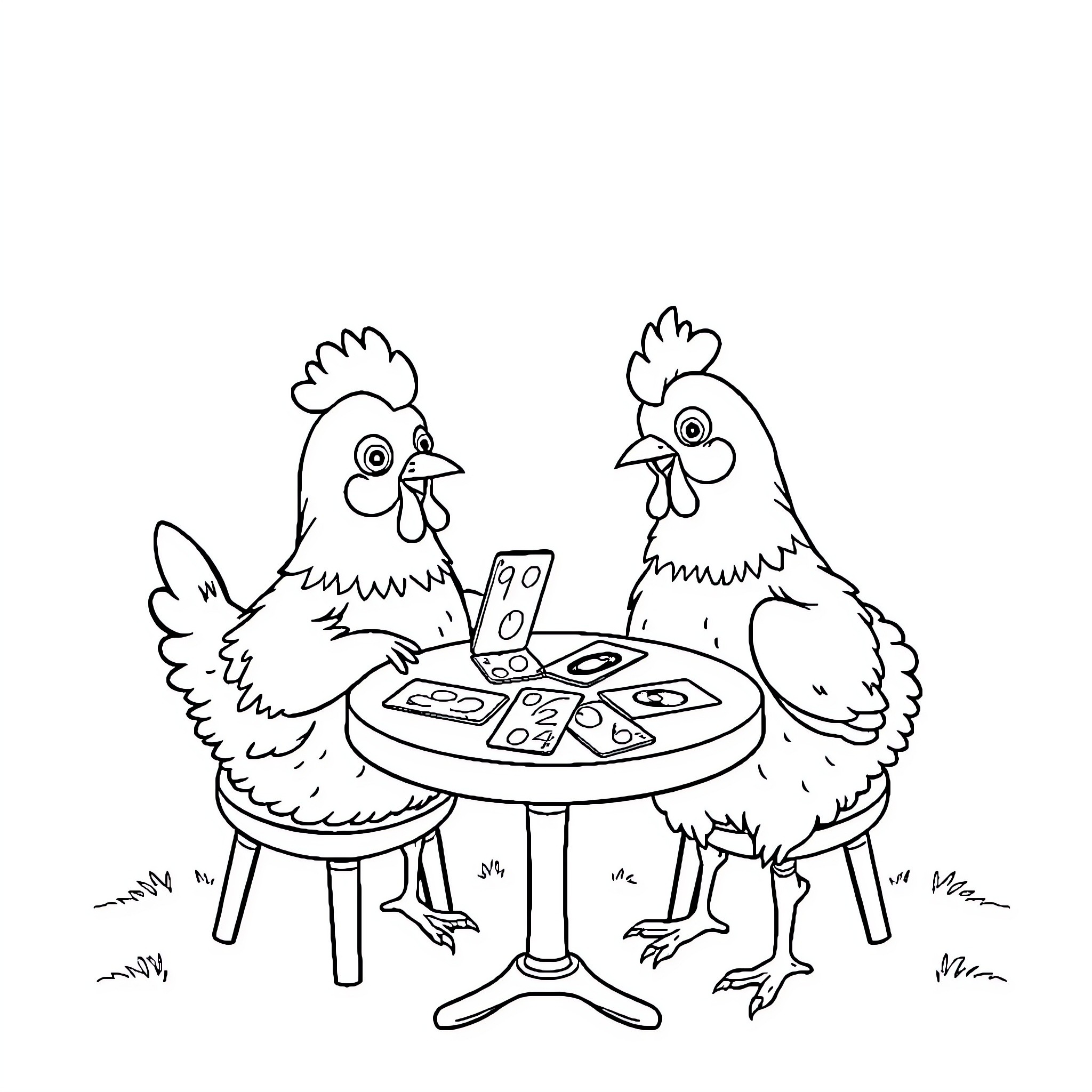 Chicken friends enjoying a meal together Coloring Page (free black-and-white line drawing printable PDF for all, from beginners to advanced learners, including children, teens, adults, and seniors)