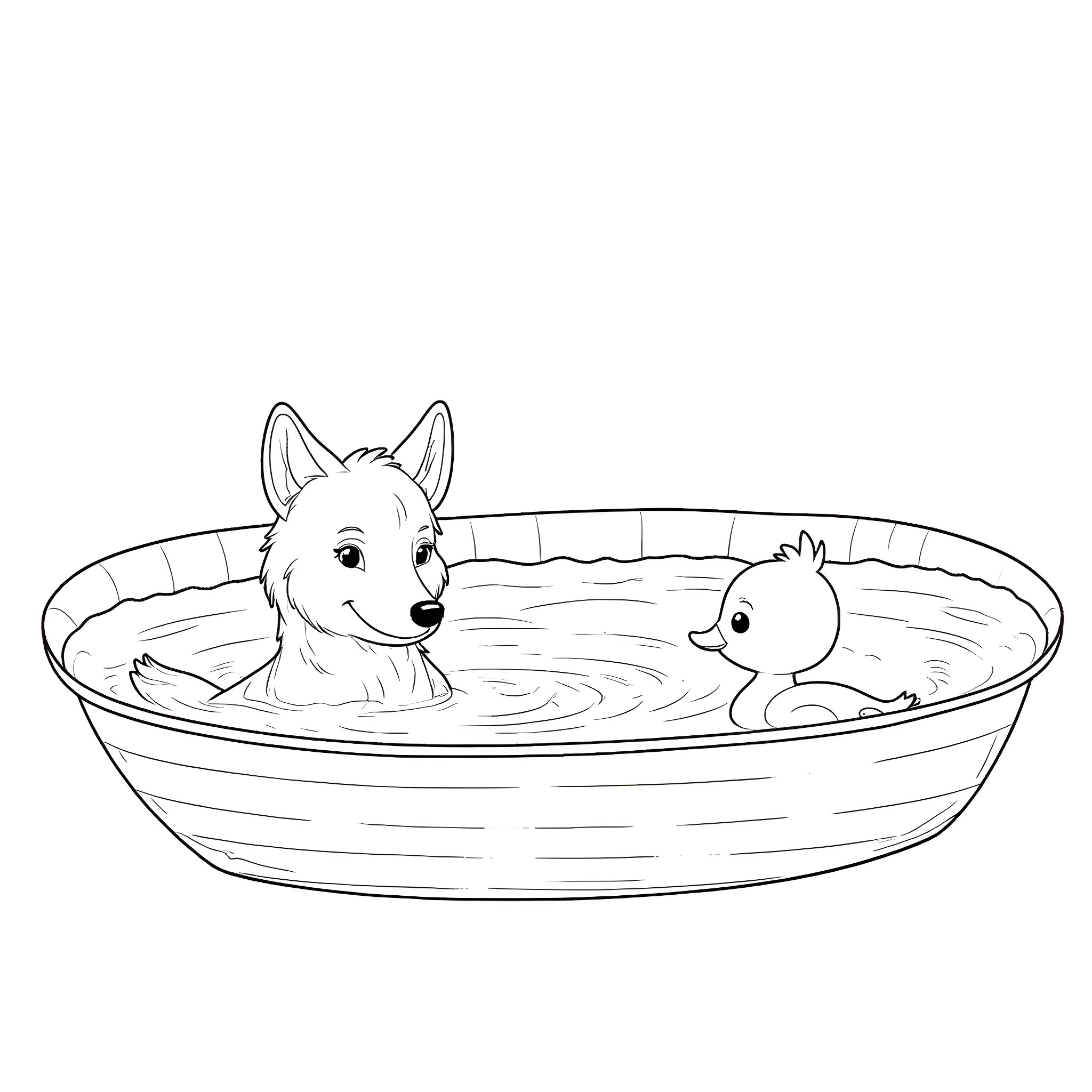 Wolf enjoying a bath with duck companion Coloring Page (free black-and-white line drawing printable PDF for all, from beginners to advanced learners, including children, teens, adults, and seniors)