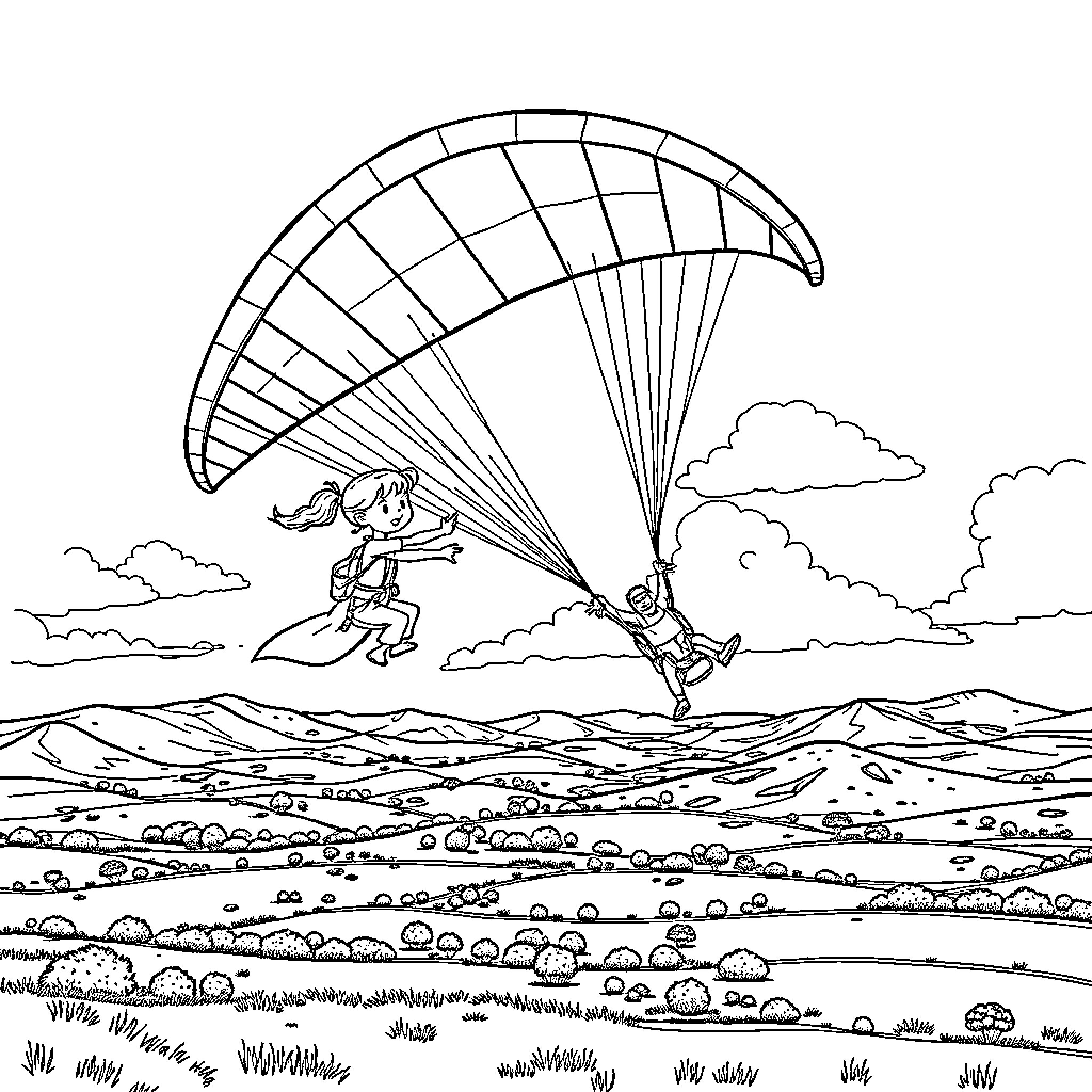 Girls parachuting over a scenic landscape Coloring Page (free black-and-white line drawing printable PDF for all, from beginners to advanced learners, including children, teens, adults, and seniors)