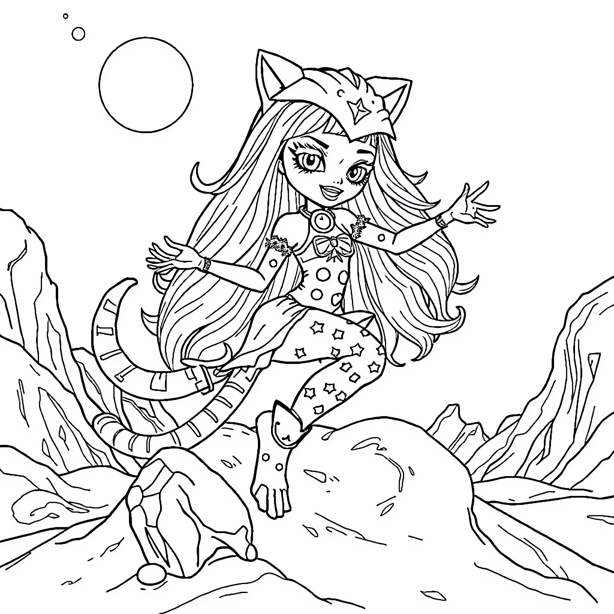 Wolf-like girl with fantasy outfit dancing in nature Coloring Page (free black-and-white line drawing printable PDF for all, from beginners to advanced learners, including children, teens, adults, and seniors)