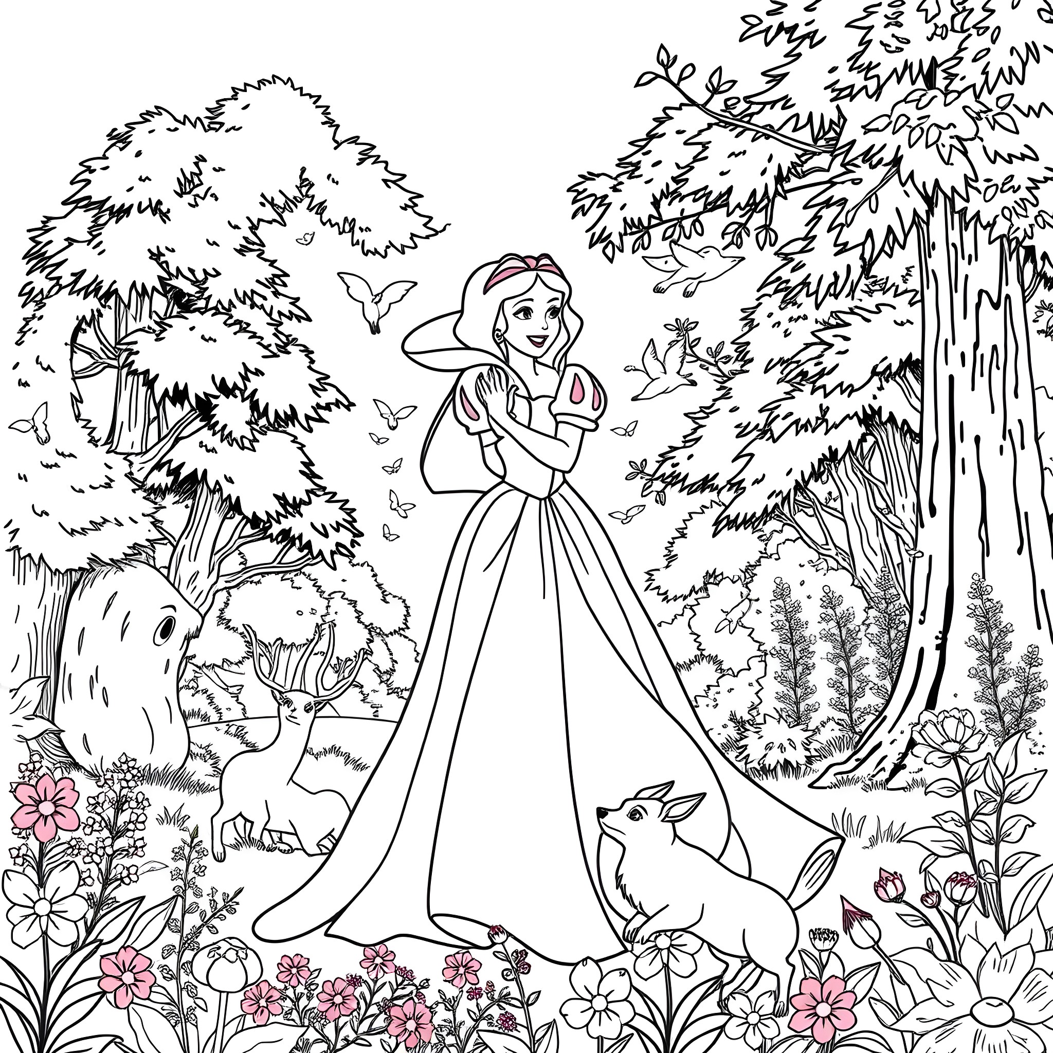 Snow White exploring the enchanted forest with woodland creatures Coloring Page (free black-and-white line drawing printable PDF for all, from beginners to advanced learners, including children, teens, adults, and seniors)