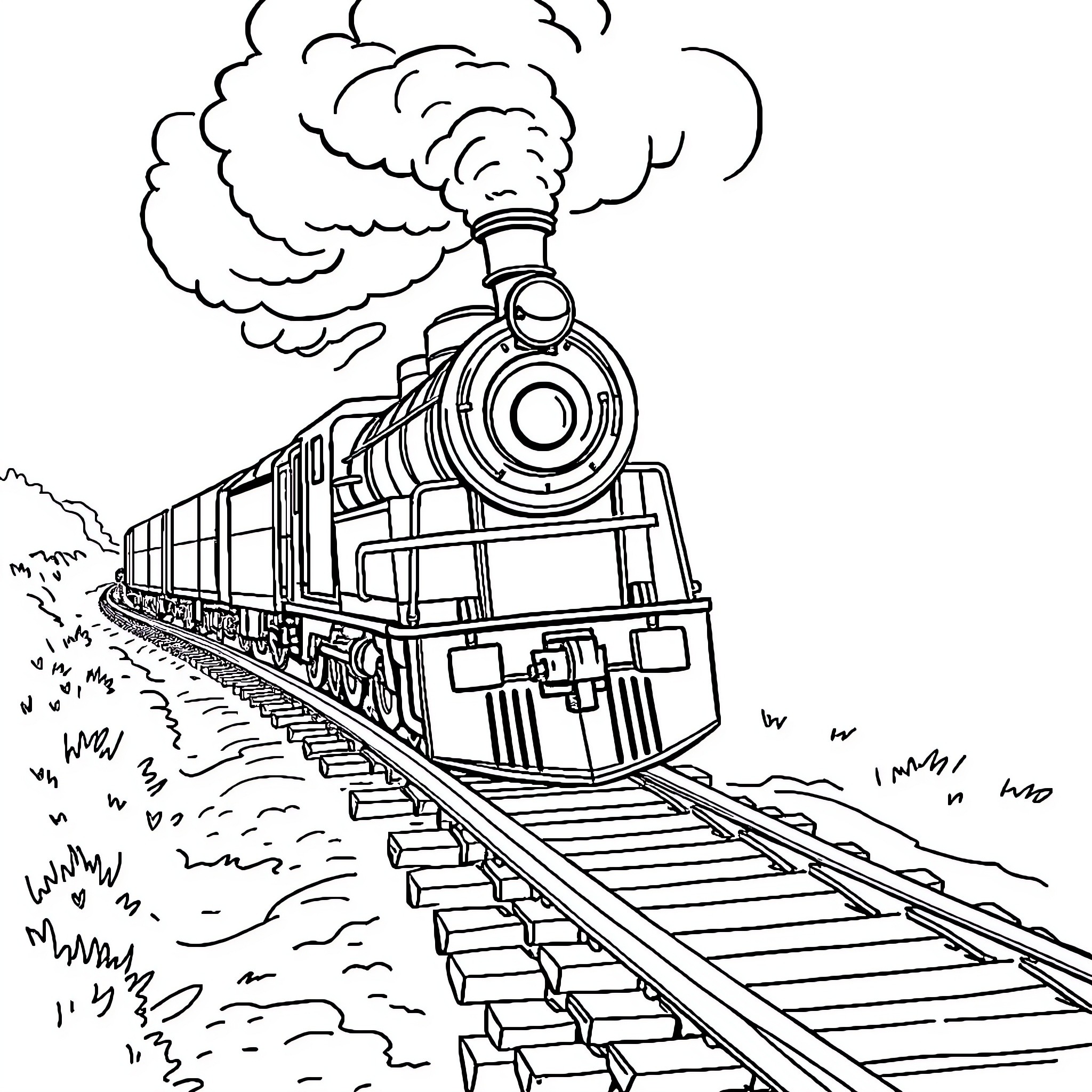 Train chugging along the tracks with steam Coloring Page (free black-and-white line drawing printable PDF for all, from beginners to advanced learners, including children, teens, adults, and seniors)