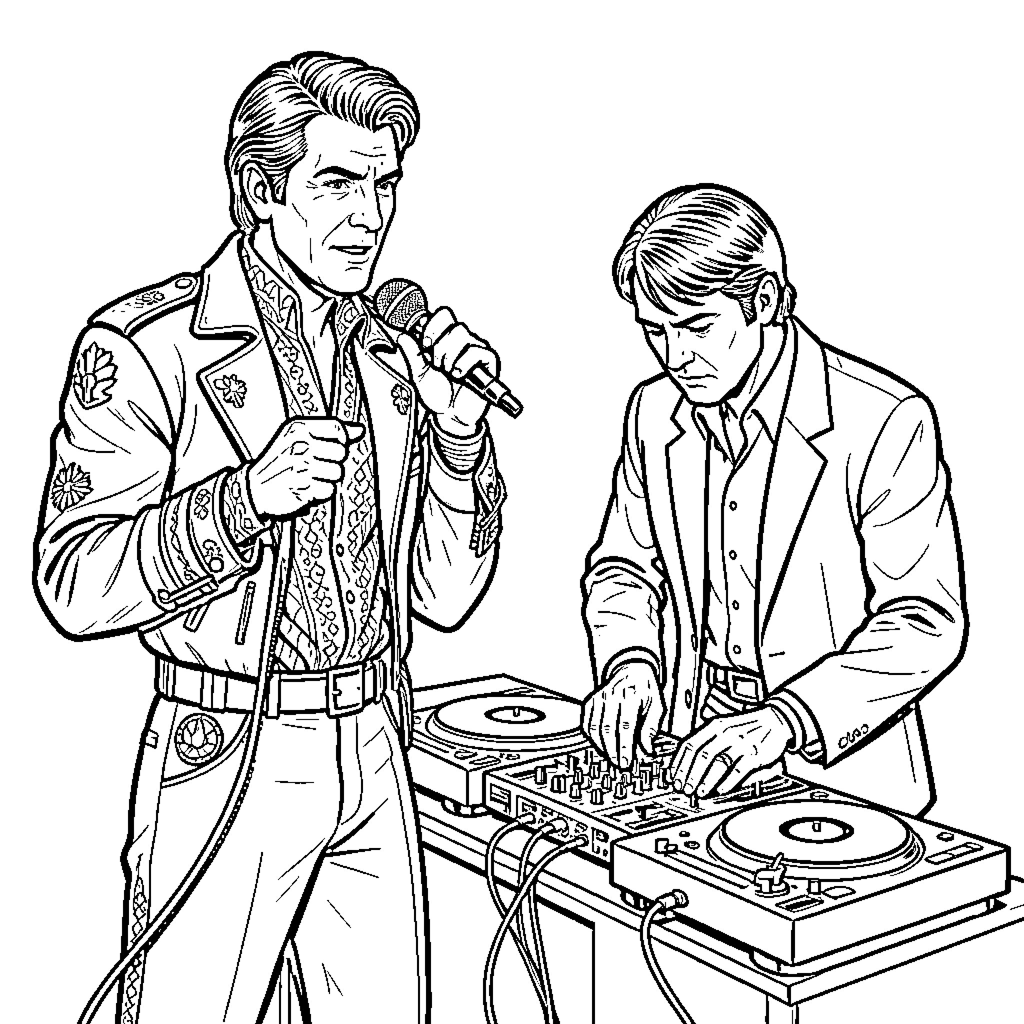 Rapper performing on stage with DJ Coloring Page (free black-and-white line drawing printable PDF for all, from beginners to advanced learners, including children, teens, adults, and seniors)