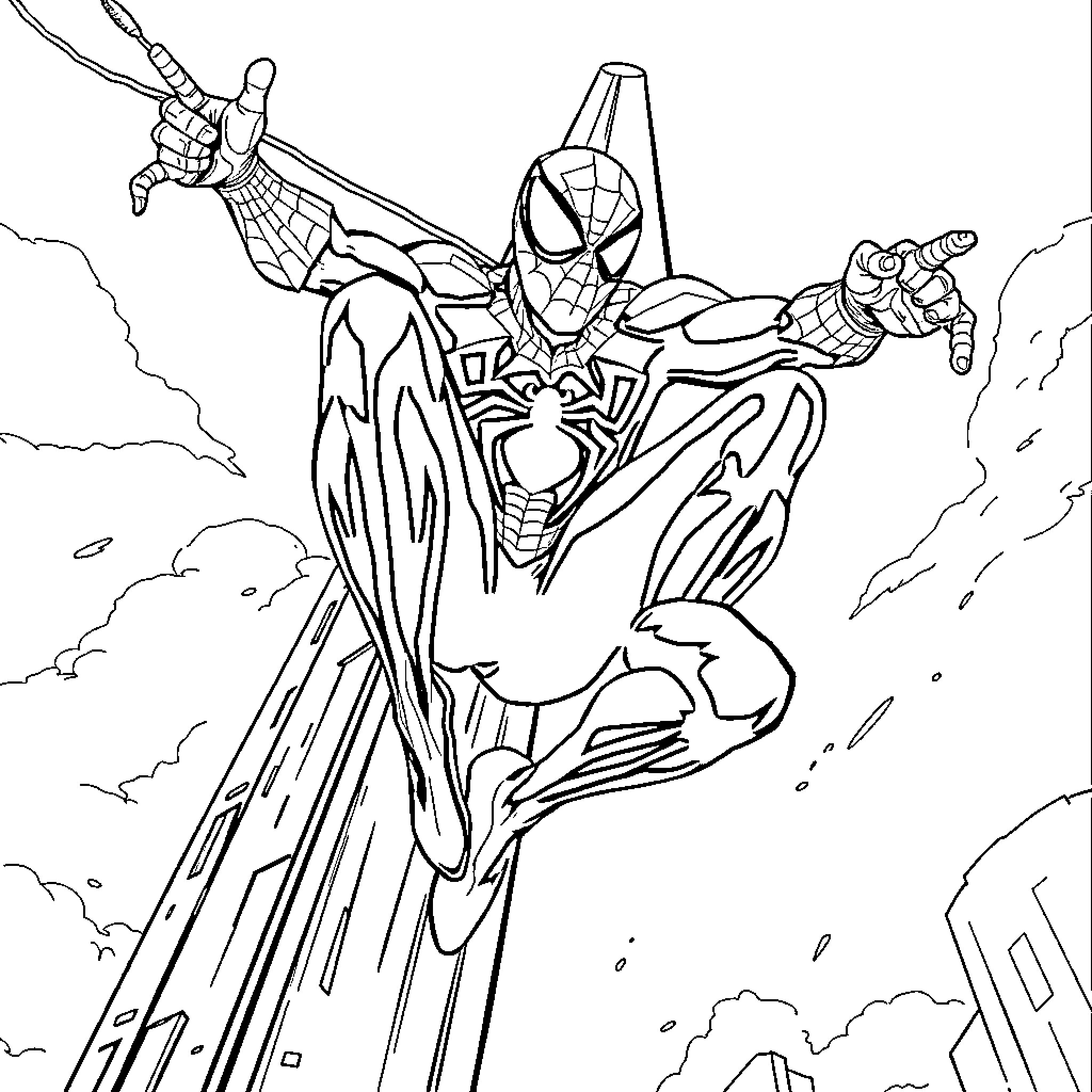 Spider-Man swinging through the city in action Coloring Page (free black-and-white line drawing printable PDF for all, from beginners to advanced learners, including children, teens, adults, and seniors)